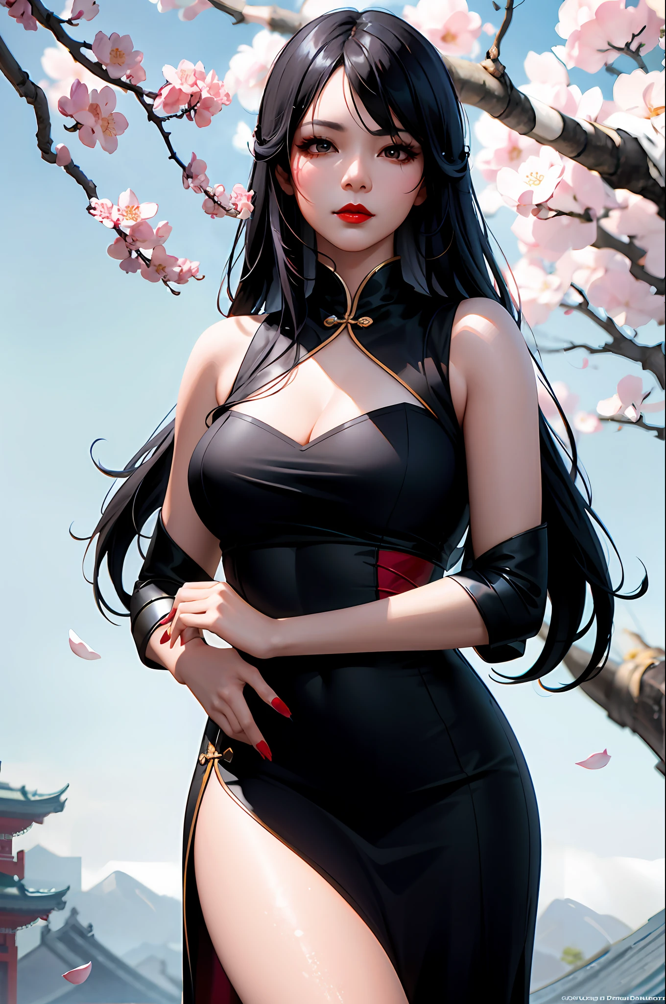arafed asian woman with red lipstick and black dress posing in front of cherry blossoms, 🌺 cgsociety, artwork in the style of guweiz, beautiful digital artwork, trending on cgstation, inspired by Yanjun Cheng, asian hyperdetailed, japanese art style, realism artstyle, chinese girl, by Russell Dongjun Lu, 8k high quality detailed art