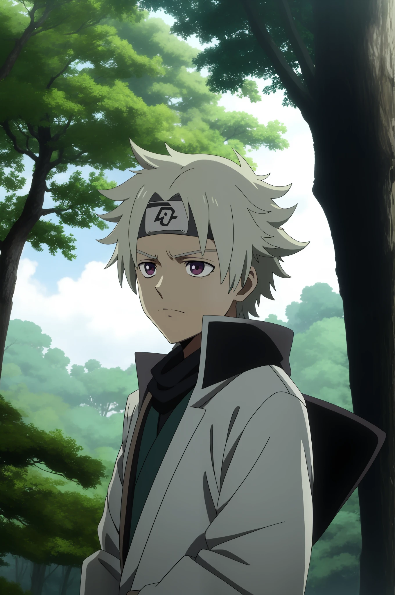 personagem de anime com cabelos loiros e olhos vermelhos, Sharingan ,standing in a forest, anime oficial, kakashi hatake, de naruto, Arte Oficial, Nagito Komaeda, filme anime de alta qualidade ainda, Wataru Kajika, anime raposa branca, Okata Kazuto., 8k!!, no filme de anime