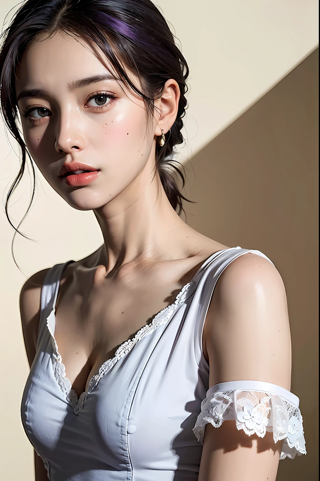 best quality,masterpiece,extremely detailed,high res,4k,ultra high res,detailed shadow,ultra realistic,realistic,dramatic lighting,1girl,solo,detailed face,realistic eyes,realistic skin,white dress,purple hair,dynamic pose, white lace dress