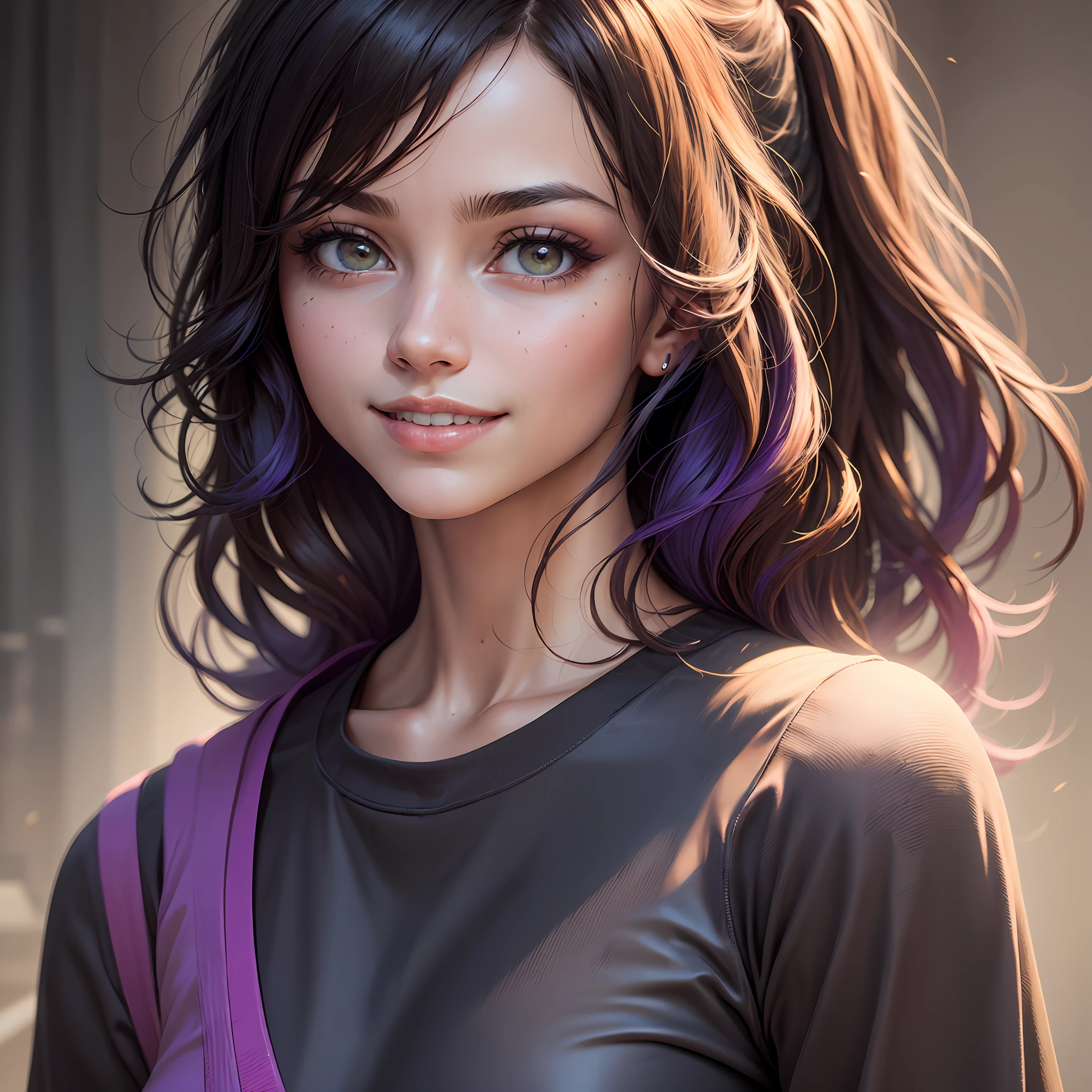 Menina bonita colorida corpo inteiro: um giru de 15 anos de idade, (Peito menor muito pequeno), messy hair, oilpainting, Nice perfect face with beautiful cheerful and open smile, suave rosto perfeito, cores amarelas azuis, light purple and violet additions, light red additions, detalhes intrincados, tela inicial, 8k resolution, obra-prima, rosto bonito, artstation pintura digital fluxo de tinta liso muitoBlack: 8K resolution photorealistic masterpiece: pintura guache fluido intrincadamente detalhada: por Jean Baptiste Mongue: caligrafia: acrylic: aquarela, fotografia profissional, Natural Daylighting, Maximalist volumetric lighting photoillustration: por marton bobzert:, complexo, elegante, expansivo, terrific, cabelo ondulado, vibrante