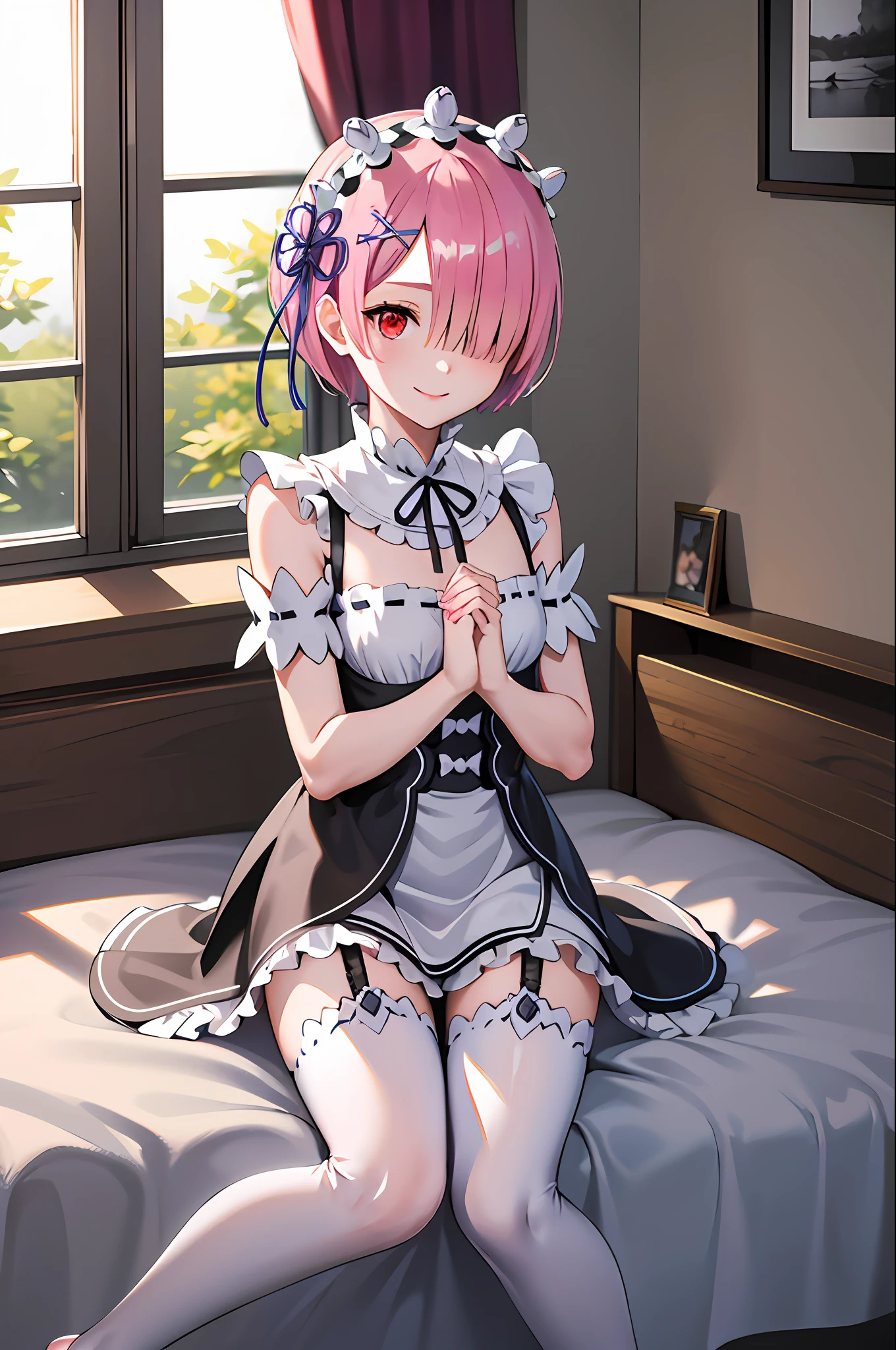 masterpiece, best quality, highres, ram1, 1girl, solo, ram \(re:zero\), pink hair, white thighhighs, short hair, red eyes, hair over one eye, ribbon trim, hair ribbon, x hair ornament, frills, maid headdress, waist apron, garter straps, black ribbon, small breasts, bare shoulder, sexy night dress, purple ribbon, hair flower, smile, bed, hands on own knees, sitting, own hands together,