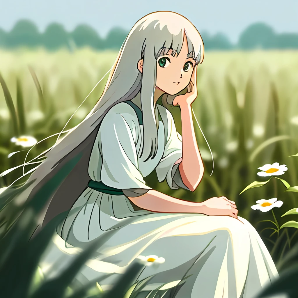 ghibli style, ghibli studio anime style,  a character portrait inspired by Hayao Miyazaki, (masterpiece, best quality),1girl with long white hair sitting in a field of green plants and flowers, her hand under her chin, warm lighting, white dress, blurry foreground