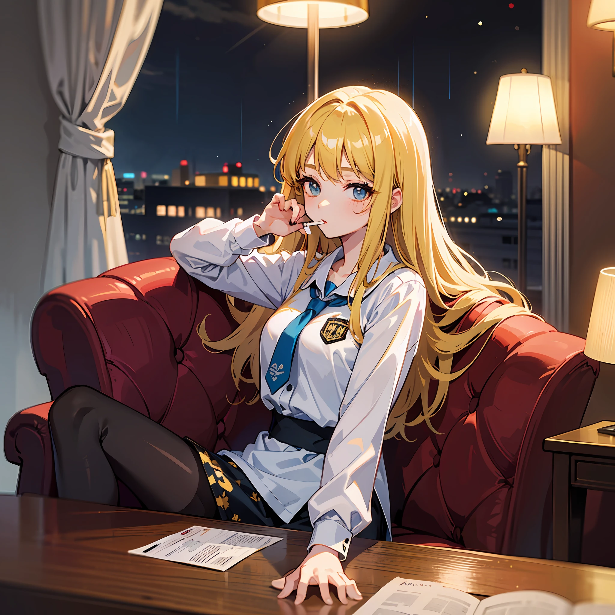 Uma Garota anime com cara de 15 anos, com tatuagem e pele branca com cabelos pretos curtos, e olhos avermelhados e coisas de grife sentada num sofa, with a cigarette in his right hand, and a pack of cigarettes on top of a low table with a lamp on top also with a, e num hotel, which in the window is showing the rain falling in a dark and starry sky, with white shirt with anime print and black pantyhose Full hq