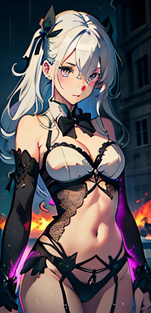 masterpiece, best quality, illustration, {beautiful detailed girl}, beautiful detailed glow, (flames of war: 1.2), (nuclear explosion behind: 1.3), rain, detailed lighting, detailed water, (beautiful detailed eyes: 1.1), featureless , palace, azure hair, messy hair, long bangs, hair between the eyes, (white and gray dress: 1.1), black ribbon, white bow ties, belly, big forehead, blank look, flower, long sleeves