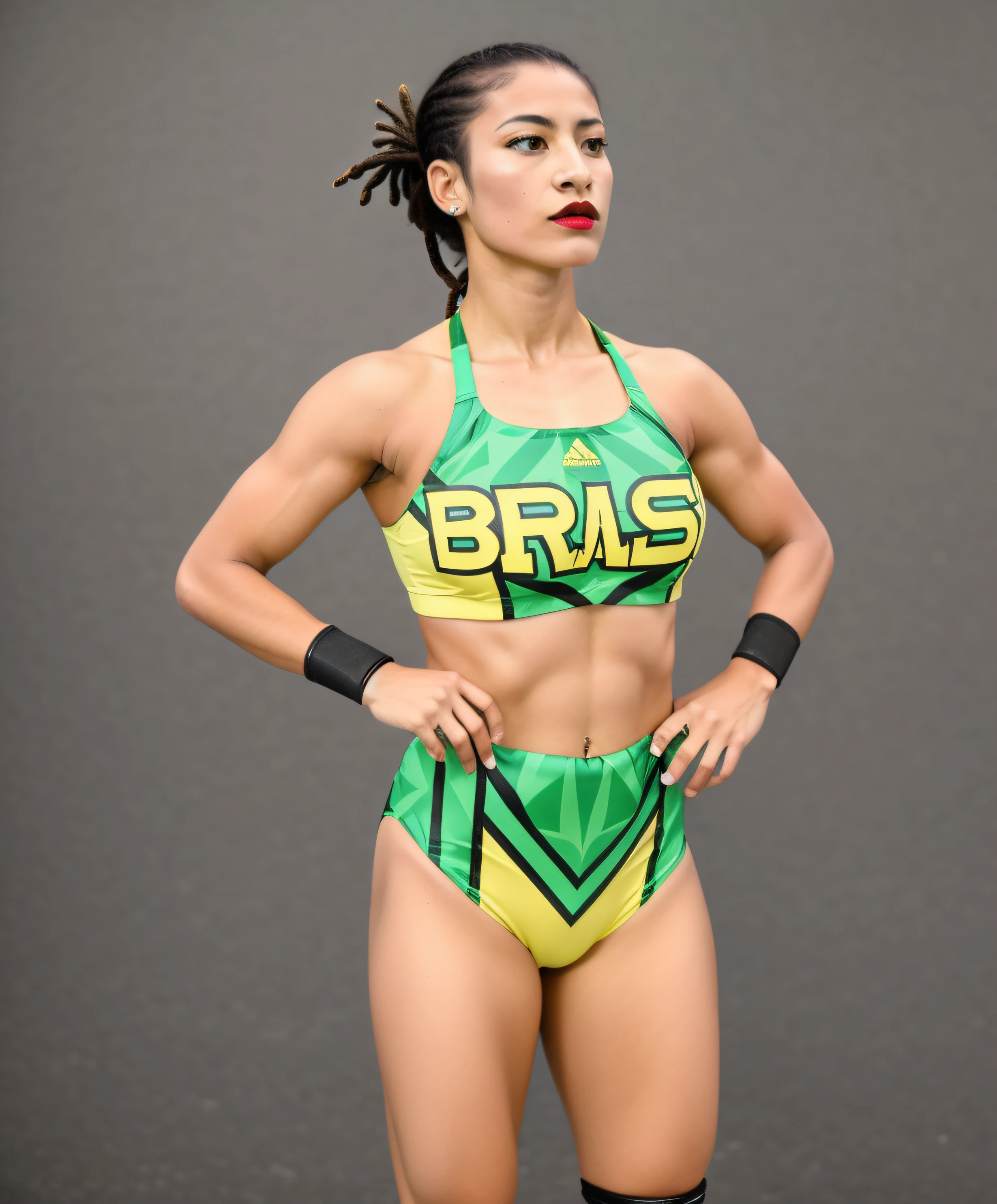 Brazilian female wrestler with tied back dreads, in yellow black and green sports bra that says "BRASIL", yellow black and green high cut trunks, black wristbands, black knee-pads, wearing lipstick, photo realistic, intricate details