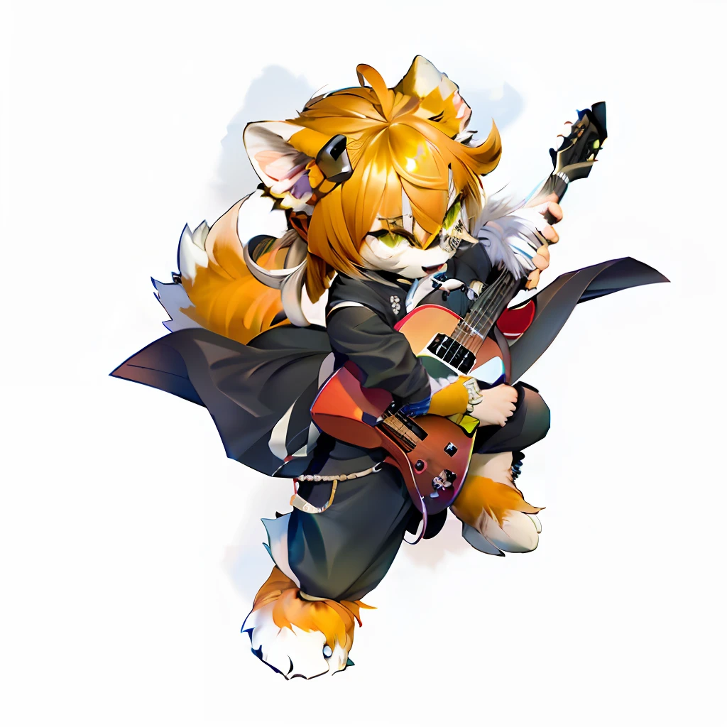Anime dogs playing guitar,, Anthropomorphic canine ninja, an anthropomorphic cyberpunk fox, Furry character, tonic the fox, furry anime, furry tail, The left eye is red and the right eye is yellow,eyes glowing,With strong determination,Justice,black greatcoat,lively and cute,The surface is covered with yellow hairs,Handsome,The brow has a doji head pattern and is golden yellow in color,Male hairy