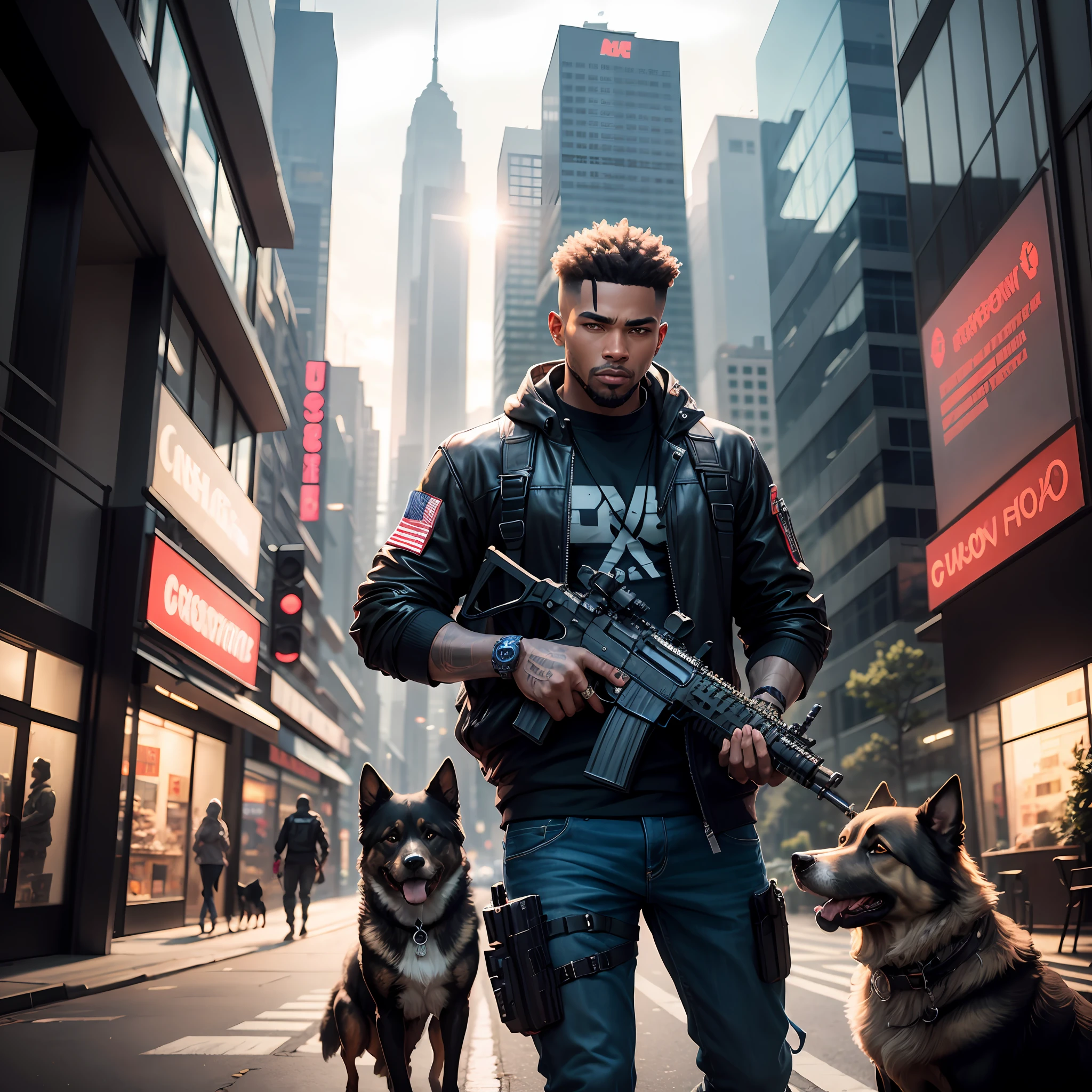 A cyberpunk black man holding an AR-15 gun with a German Shepherd dog in a modern city --auto