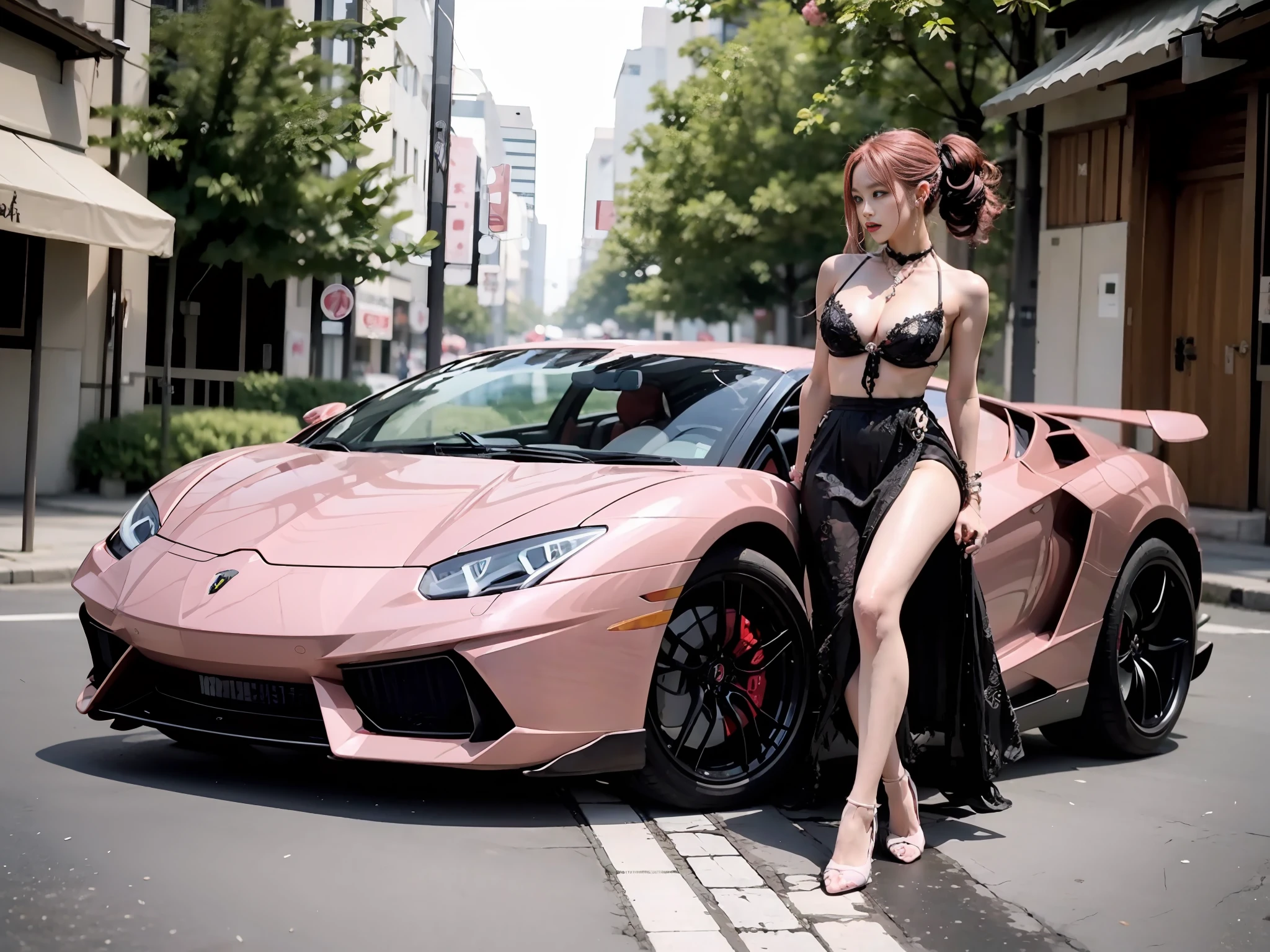 blackpink girl with katana and pink hair,lamborghini in the background of a japanese city,