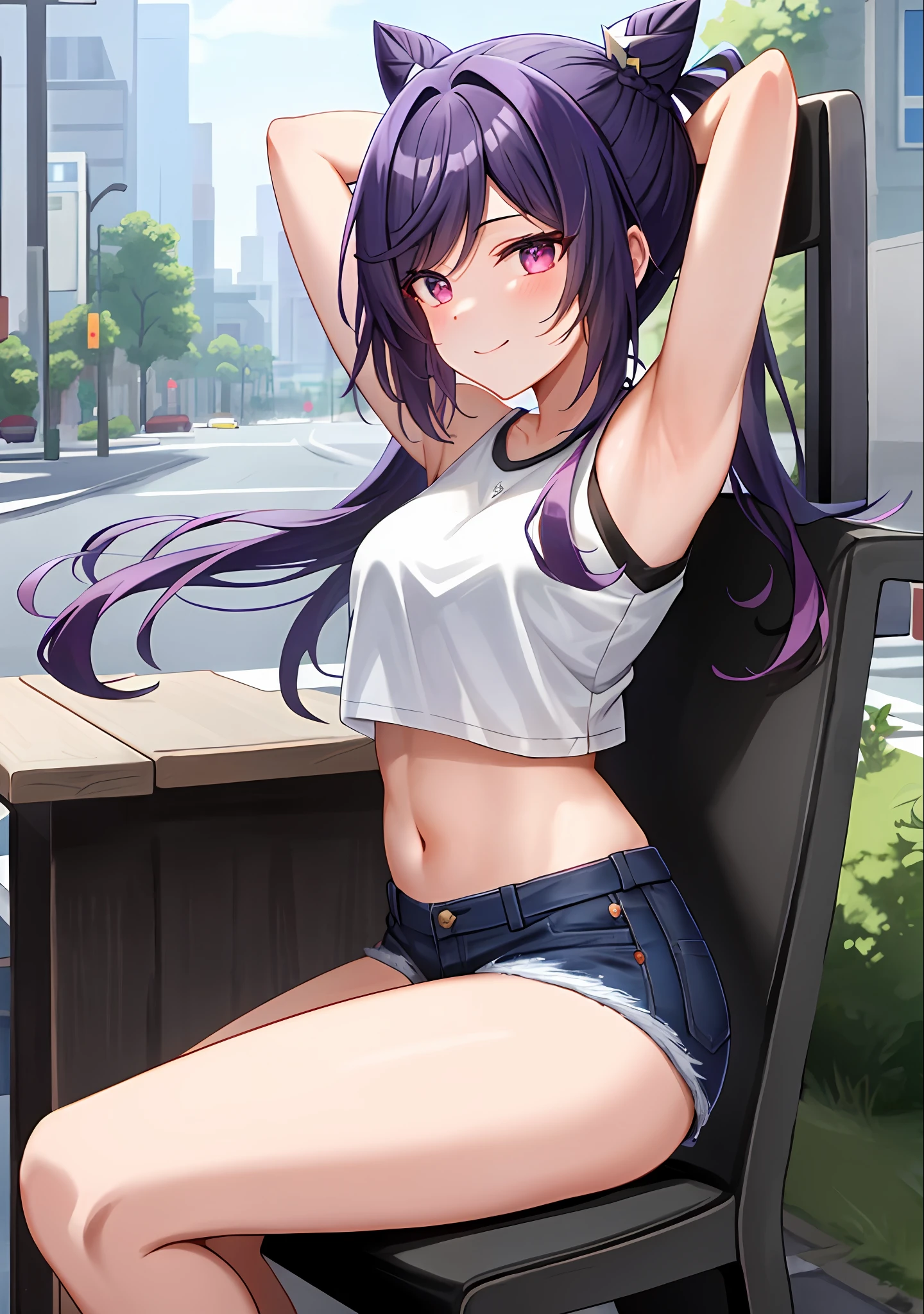 (masterpiece, best quality, ultra-detailed), keqing \(genshin impact\), (purple hair), cone hair bun, twin tails, long hair, swept bangs, braid, braided bangs, purple eyes, pink eyes,
(wearing a t-shirt:1.2), sitting on a chair outside of caf, embracing the natural beauty, sunlight, beautiful cloudy sky, city, street, denim shorts, black stocking,
medium breasts, thick thighs, critical angle, cowboy shot, arm behind head, arm behind back, armpits, light smile, crop top, strong and seductive expressions,,