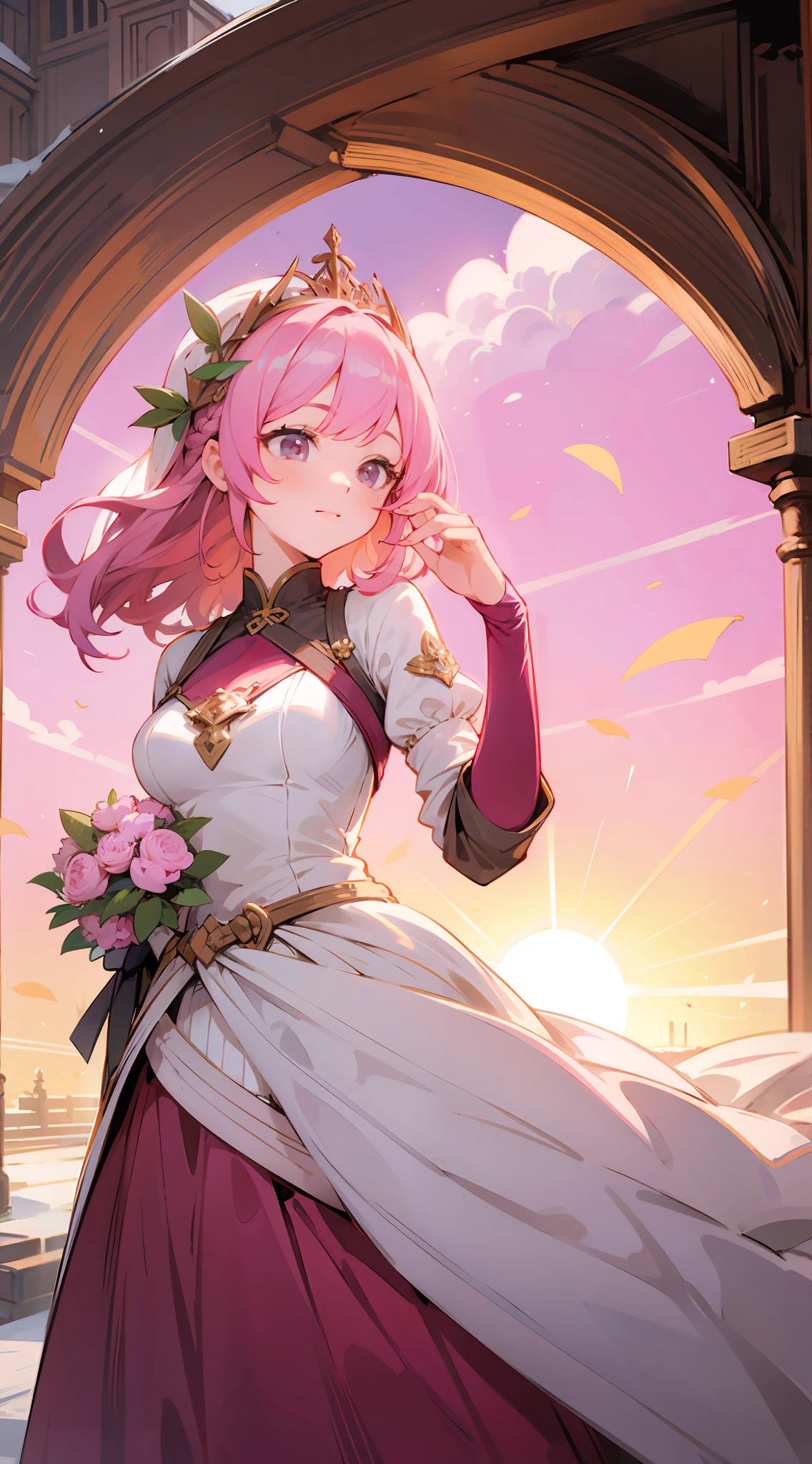 weddingdress、warm color、Sunshine、Wedding、Medium hair in pink color、Fantasy worldview、Tied hairstyle、