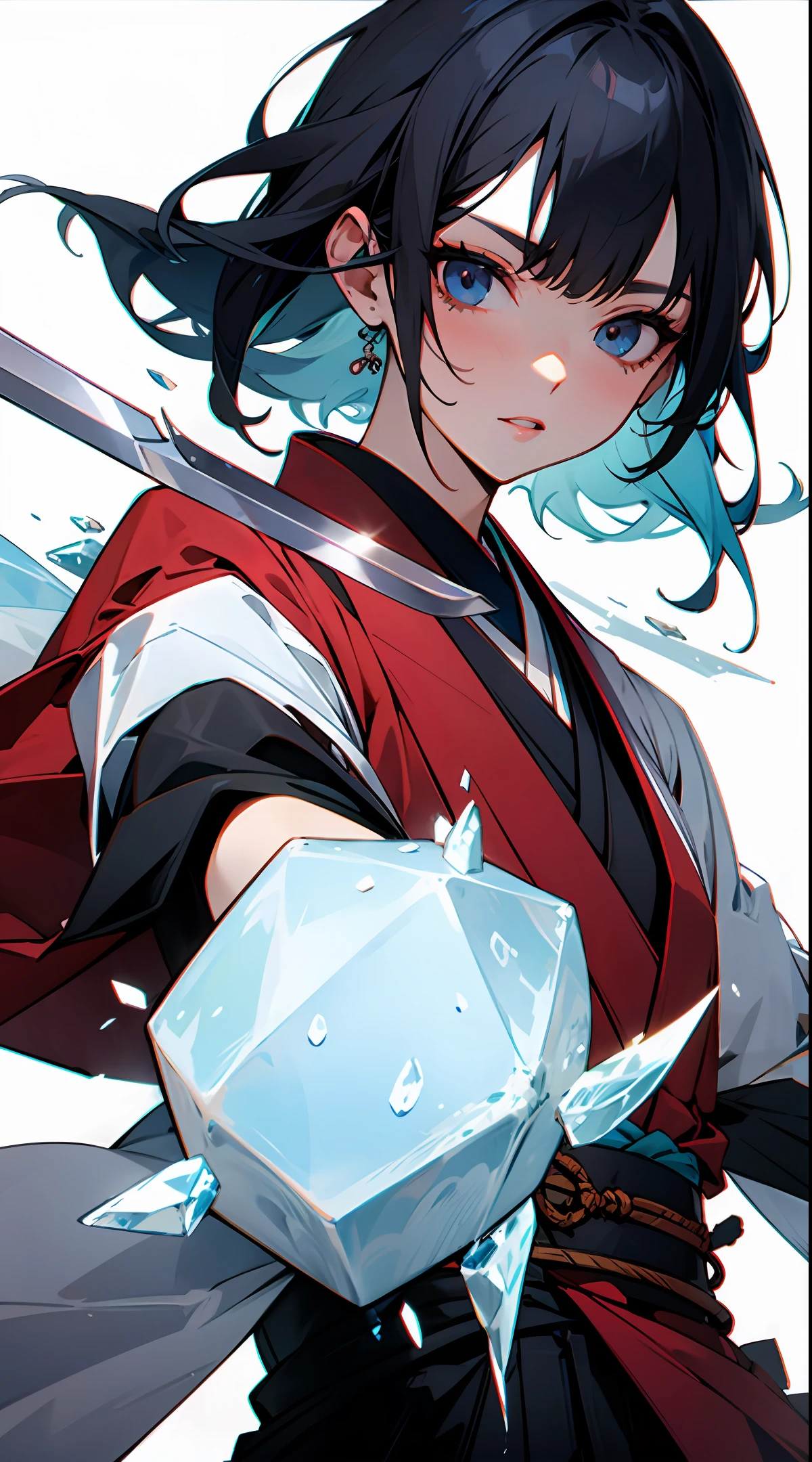 Girl wearing Japanese clothes and holding a sword that manipulates ice