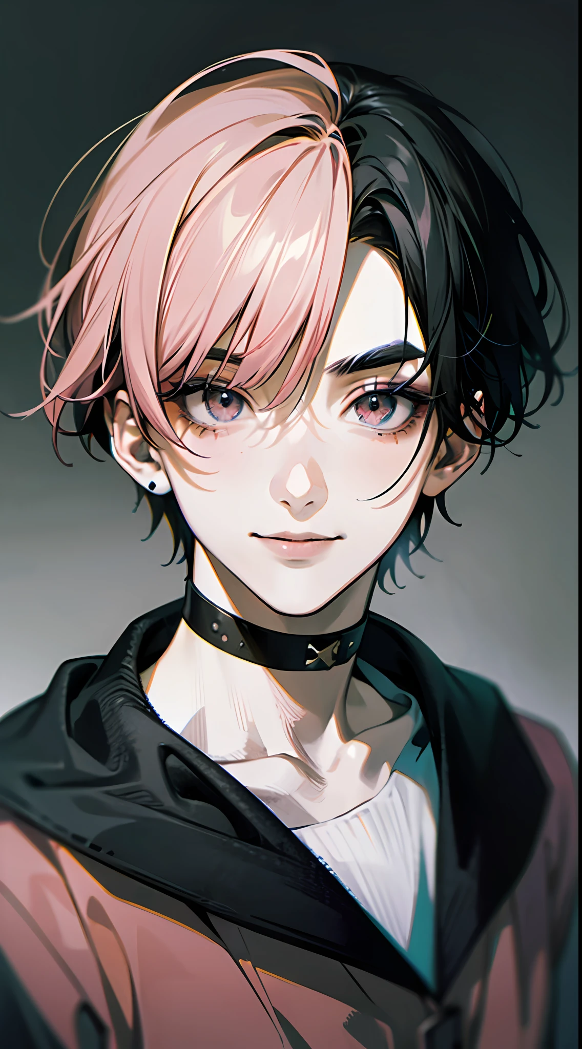 1boy, (Grey Eye) ((Pink Hair Color| black hair color)) , short hair, pink clothes, piercings, a smile, ((独奏)), Evil eyebrows, (gray eyes color), (close up face, Masterpiece, Best Quality:1.2), 8K, offcial art, absurdres,(very dark Grey  background:1.4), ultra realistis, high-definition, Photography, Film grain, chromatic aberration, sharp-focus, HDR, Colorless eyes