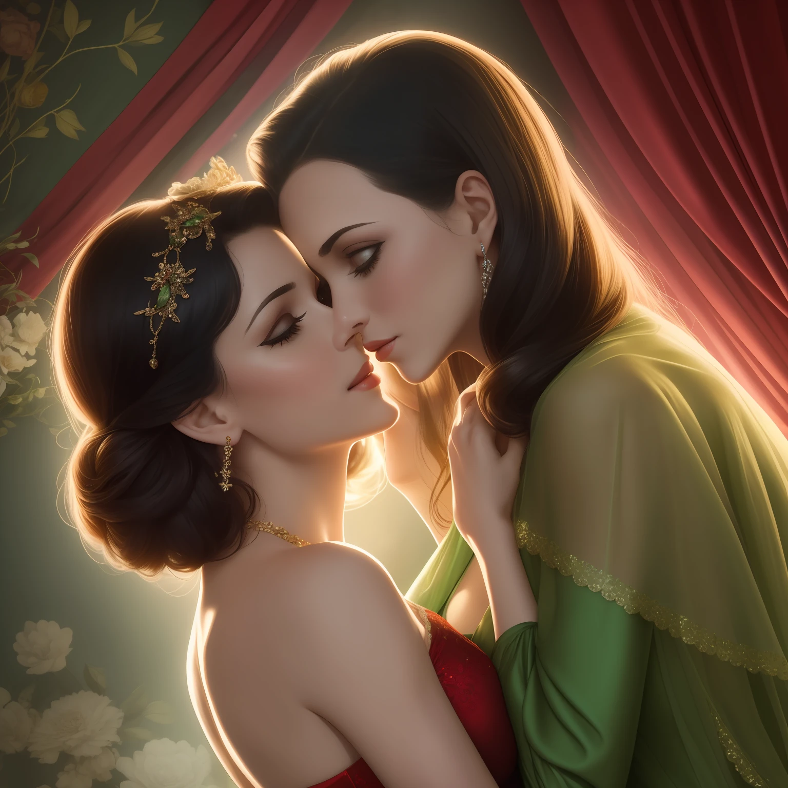 Hedy Lamarr and Vivien Leigh look alike. Both are wearing green and red party dresses. Hedy Lamarr and Vivien Leigh face each other intimately in an elegant ballroom. Soft and diffuse lighting. Romantic and dreamy atmosphere., resembling each other, dazzle in stunning party dresses; one in green and the other in red, the two actresses share an intimate moment, their eyes locked, amidst the opulence of an elegant ballroom, the atmosphere is imbued with romance and dreams, as soft and diffuse lighting casts a gentle glow upon the scene.