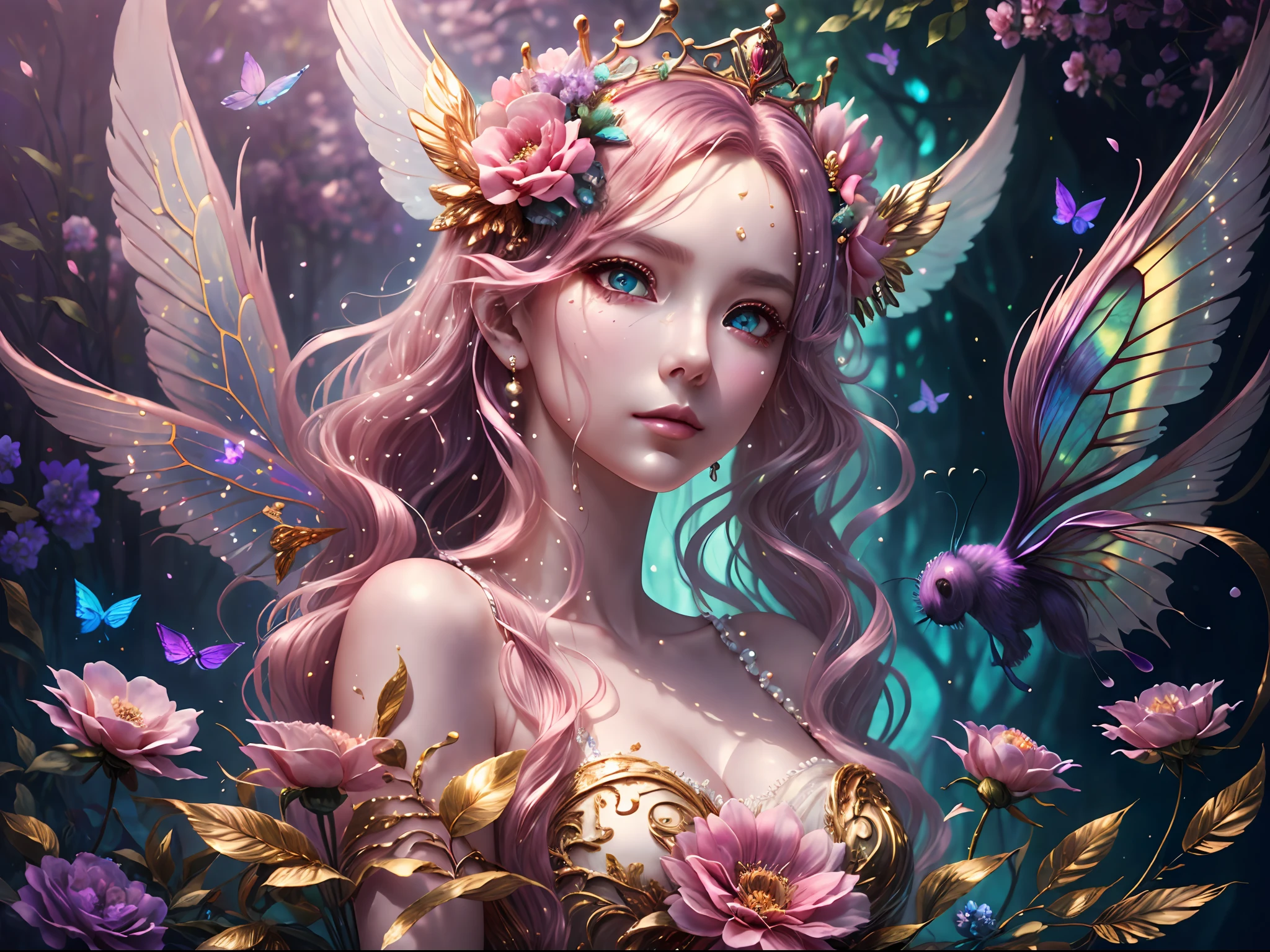 Generate a delicate flower princess in an ethereal grove of flowers. Include floating feathers and ribbons and highly detailed and delicate gilded butterflies. She has a highly detailed face with big, intricate eyes, puffy lips, and gossamer wings. Her wings are iridescent and translucent. She has a crown of multicolored and differently sized flowers. HC_gowns of silk, satin, and pearls. Her eyes are large, 8k eyes, hires eyes, beautiful detailed eyes, beautiful detail eyes, realistic eyes, distinct eyes, and colorful eyes. Include shimmering liquid gold. Ethereal ambience, dreamy color school, dreamy style, lots of pink and pale lilac colors. Background should be pretty with shades of pink and purple and soft blue. Lighting: Hazy and dreamy. Camera: utilize dynamic composition to create a soft, ethereal image. Realistic hair texture, realistic skin texture. Pay close attention to the face and eyes and make sure they are clearly defined. ((masterpiece)), 8k, intricate, elegant, highly detailed, majestic, digital photography, art by artgerm and ruan jia and greg rutkowski surreal painting gilded butterfly filigree, broken glass, (masterpiece, sidelighting, finely detailed beautiful eyes: 1.2), hdr