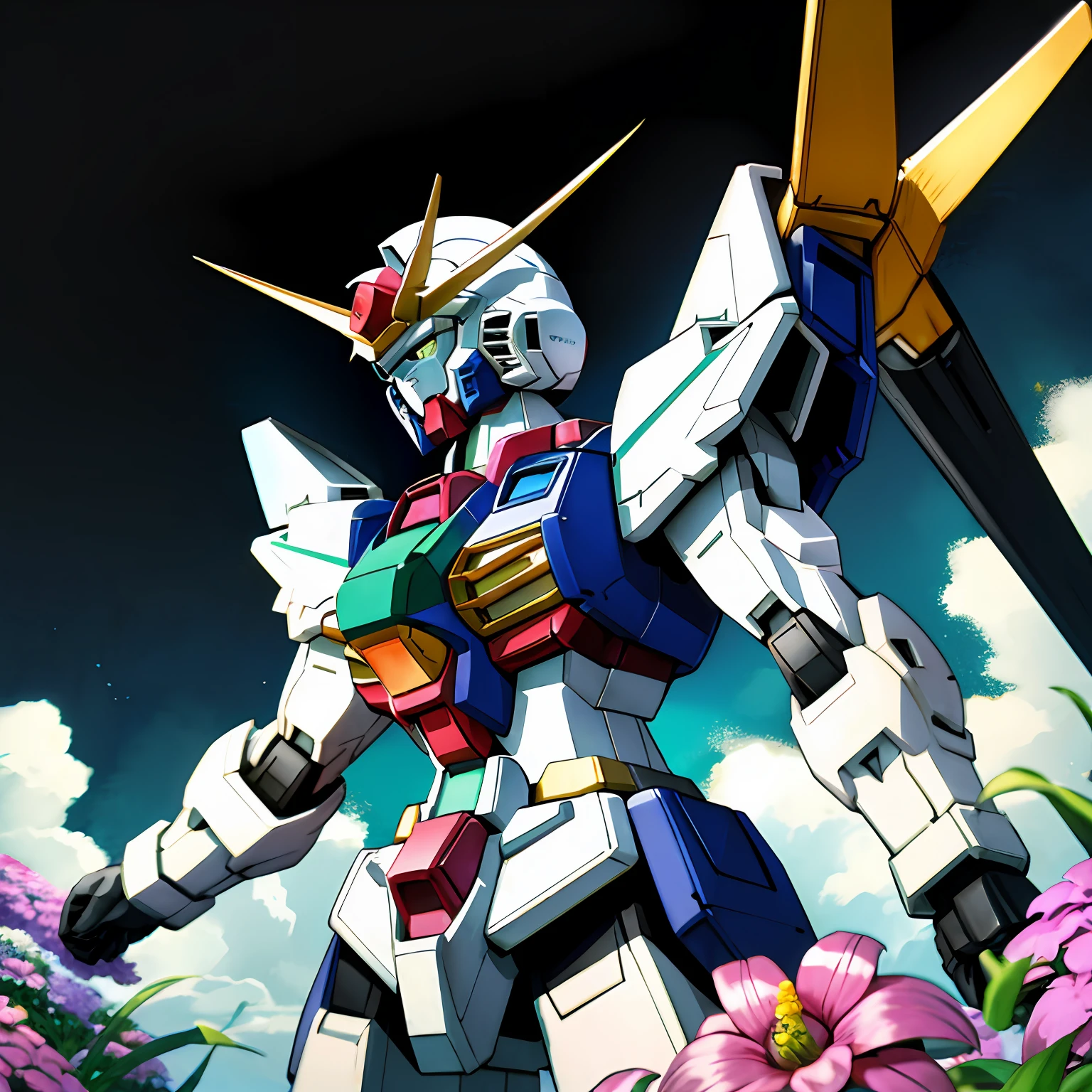 Very type of Gundam,In a sea of color flowers