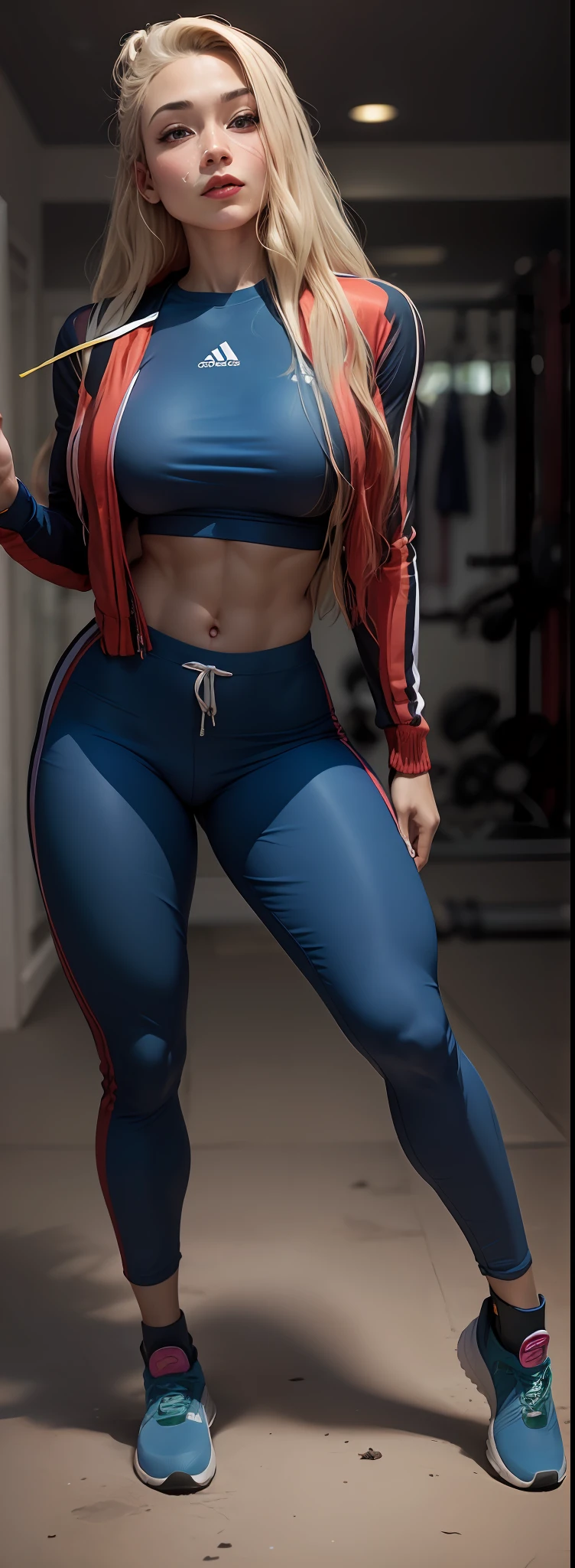 uma mulher com roupa azul e laranja posando para uma foto, two piece workout clothes, thicc, roupas esportivas fofas, sporty physique, roupas esportivas, roupa azul, agasalho esportivo, roupa apertada, foto fit, wearing a tracksuit, traje apertado, fit curvy physique, roupas esportivas, corpo em forma, wearing a track suit, linhas azuis grossas, 2 Modelo feminina de 4 anos
