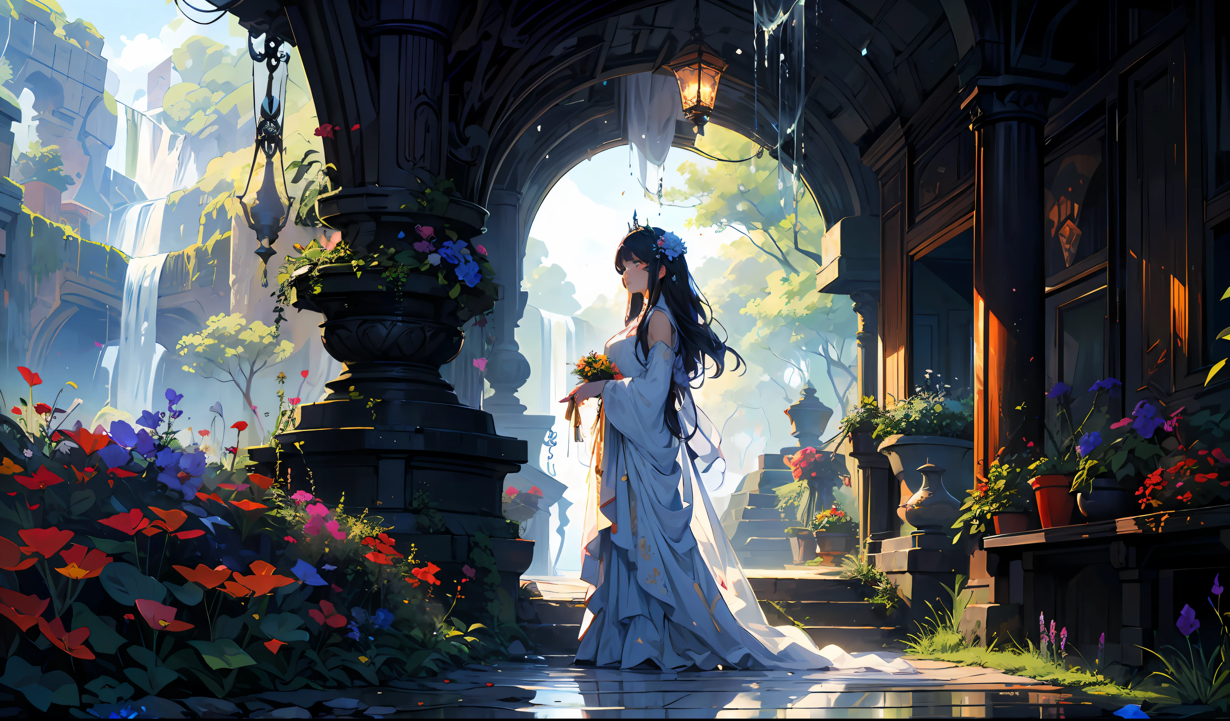 Em um reino oculto, a girl stands before a cascading waterfall, seu traje se mistura perfeitamente com a beleza da natureza. A flowing gown adorned with delicate floral patterns drapes around her, espelhando as flores vibrantes que adornam a paisagem circundante. Sunlight dances on the water's surface, casting an ethereal glow upon her face, as if she is the embodiment of the enchantment that permeates this mystical haven.
