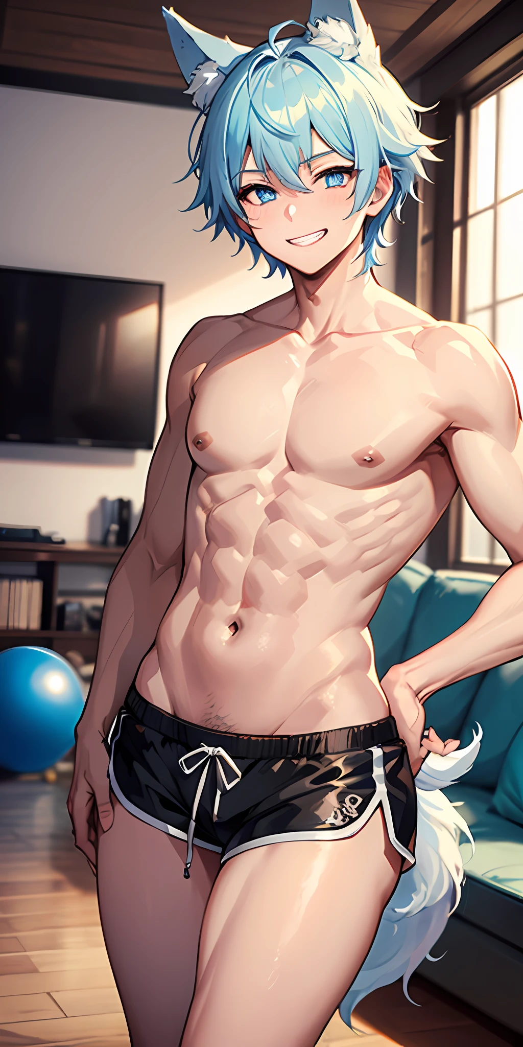 1boy, wolf ears, wolf tail, short fluffy cream colored hair, blue eyes, slim waist, ultra masterpiece, shirtless, dolphin gym shorts, living room setting, grin, big thighs, wide hips