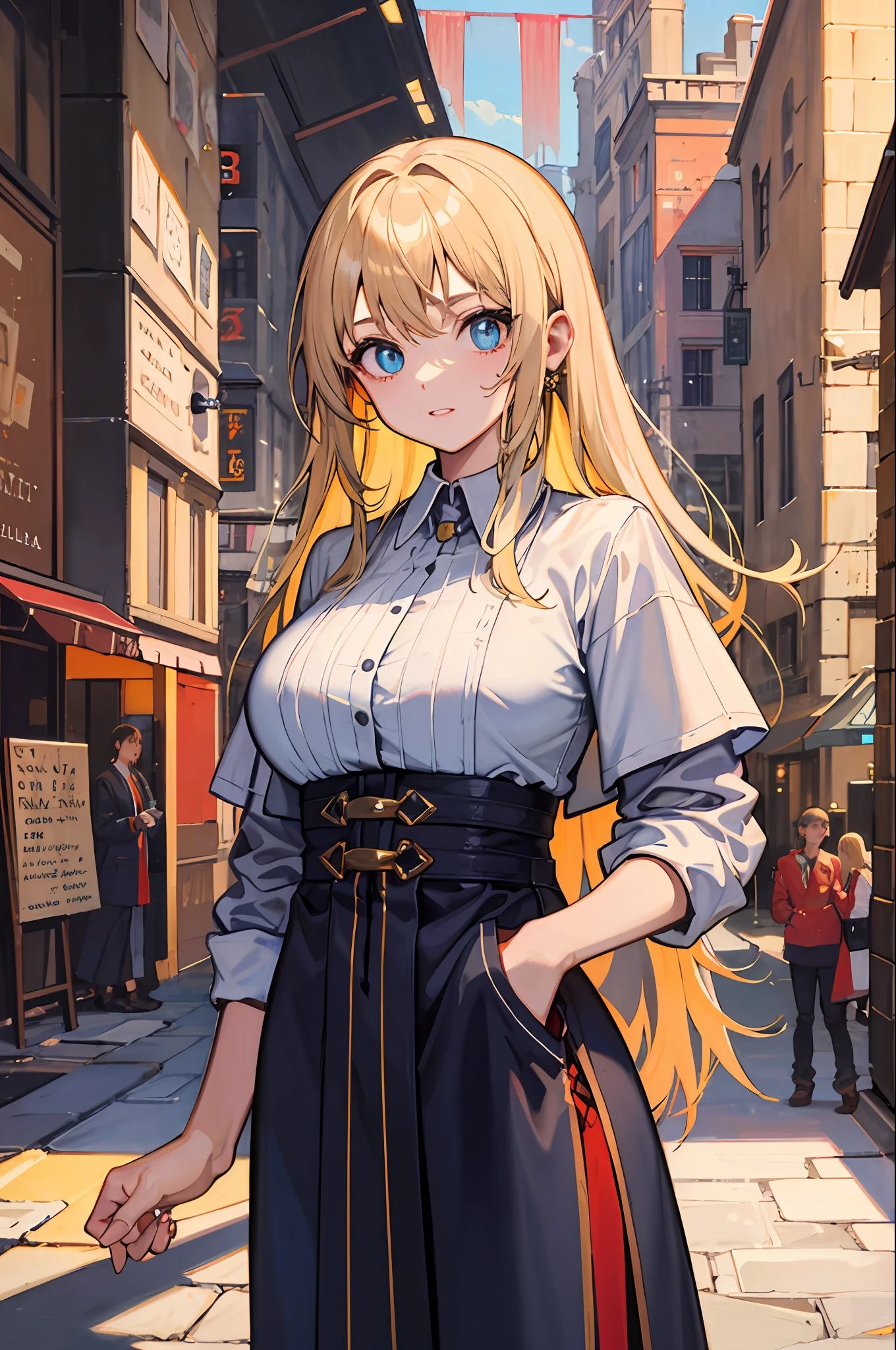masterpaintings, beste-Quality, 1girl huge large breasts, blue eyess, goldenhair, medieval cities, looking ath the viewer, Robe, hands in pocket