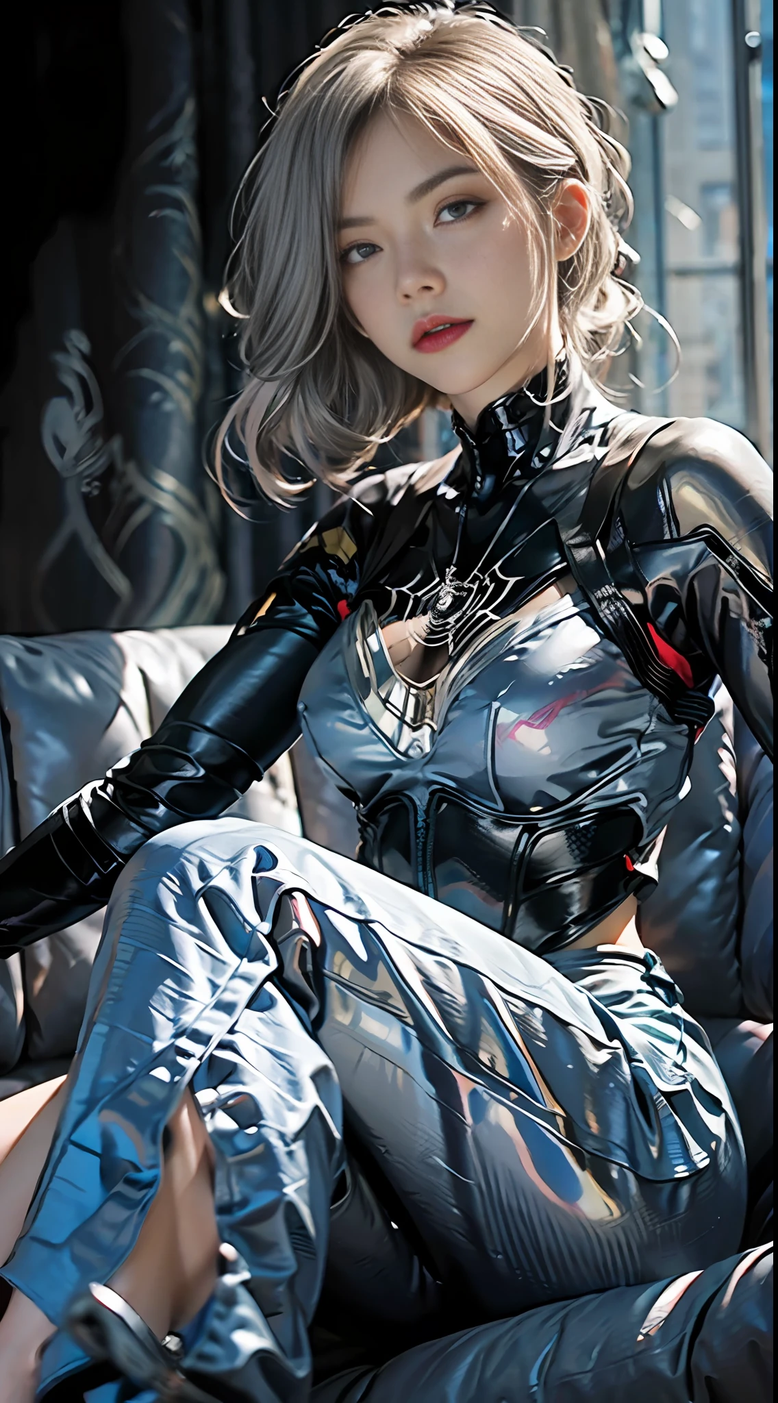 (Extreme Detail CG Unity 8K wallpaper, masterpiece, highest quality), (Exquisite lighting and shadow, highly dramatic picture, Cinematic lens effect), a girl in a white Spider-Man costume, silver gray hair color, from the Spider-Man parallel universe, Wenger, Marvel, Spider-Man, sitting on the couch, dynamic pose), (excellent detail, excellent lighting, wide angle), (excellent rendering, enough to stand out in its class), focus on white Spider-Man costumes, complex spider textures