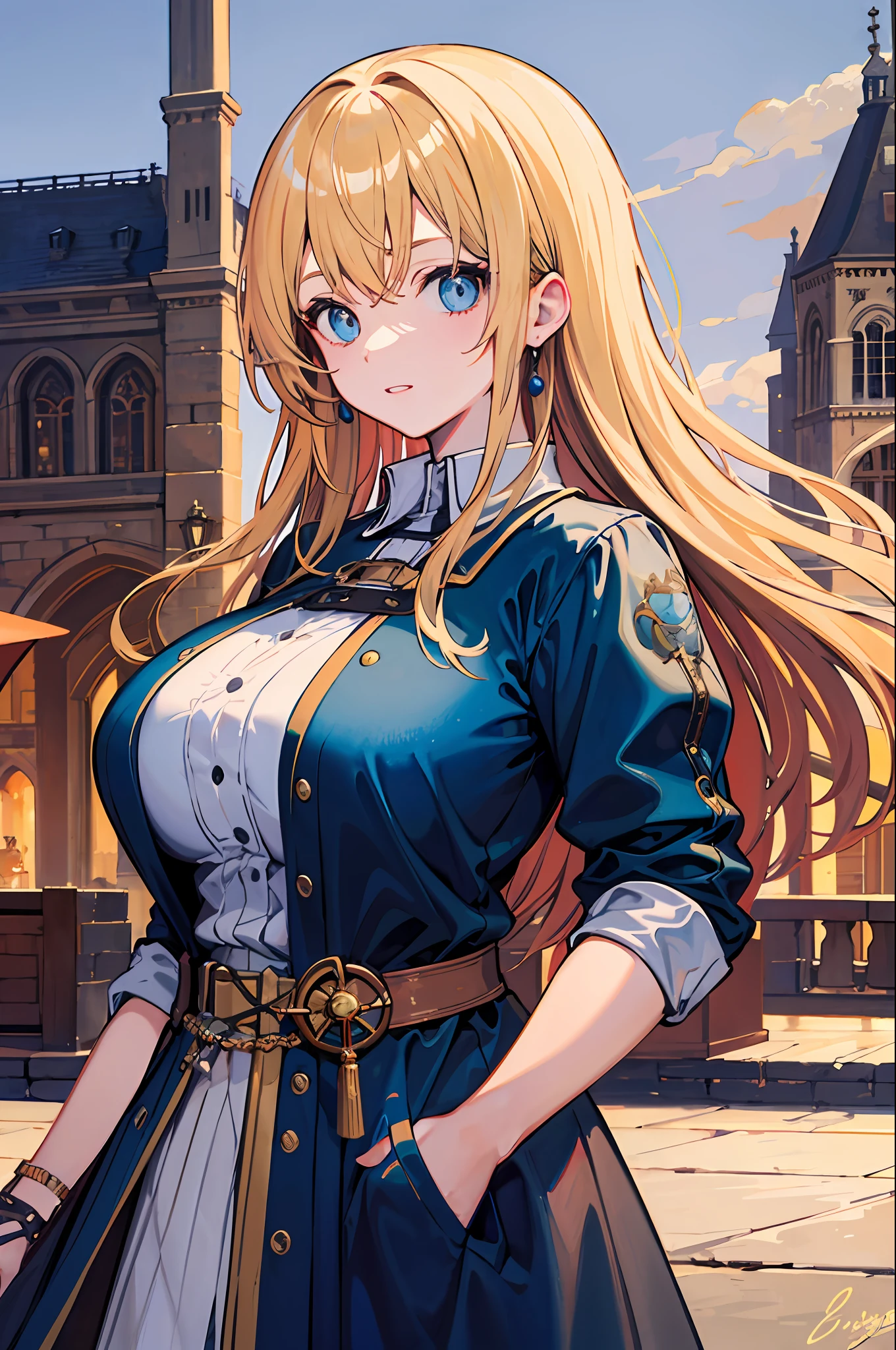 masterpaintings, beste-Quality, 1girl huge large breasts, blue eyess, goldenhair, medieval cities, looking ath the viewer, Robe, hands in pocket