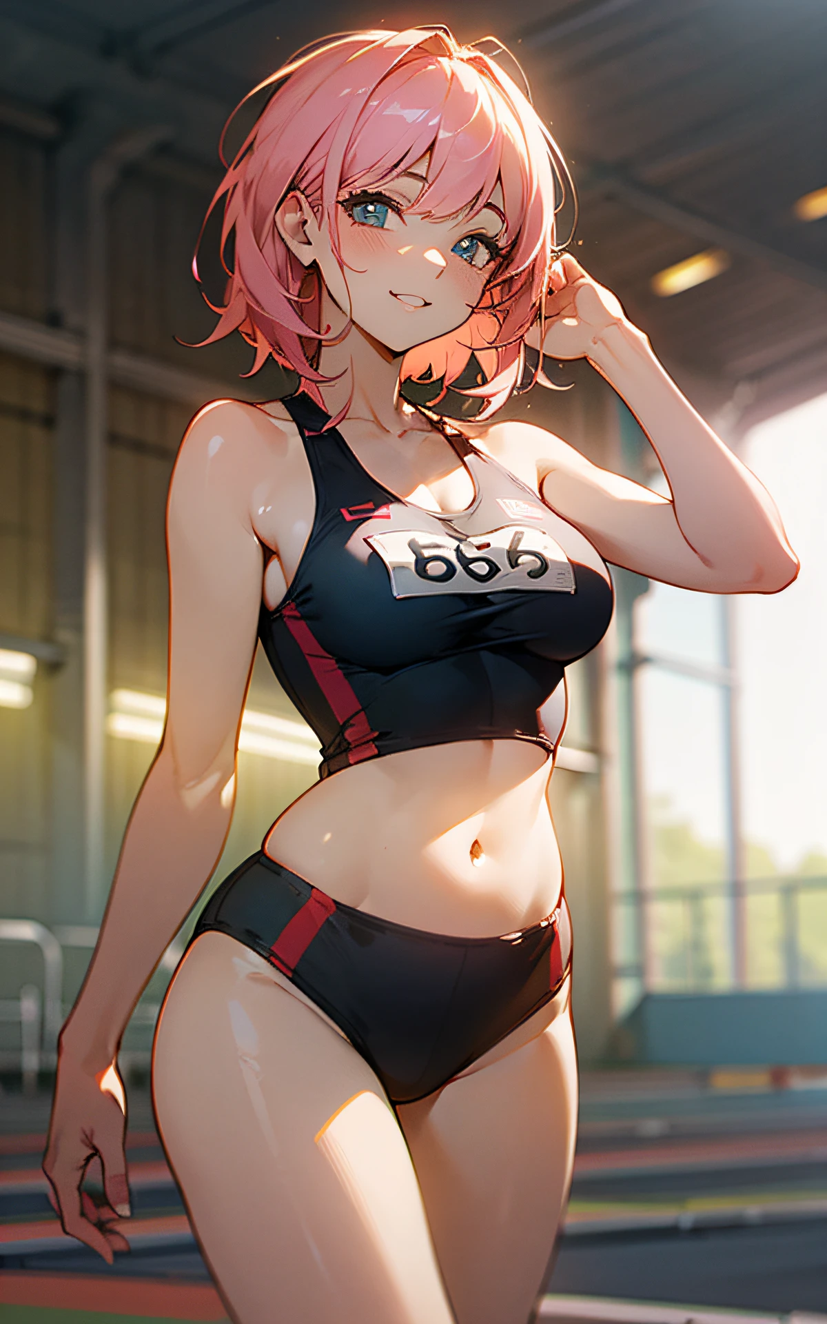 (Original Character、Unity 16K Wallpaper, Masterpiece, Best Quality, Ultra-Detailed, Extremely Detailed CG, Caustics, Cinematic Lighting, Detailed, Beautiful Detailed Eyes, solo), Ultra High Resolution, fine skin, (track and field:1.2) 、(strong light)、oily skin,smile , from front:1.2、(sexy women)、Arena、full body shot、separate、racing bloomers、show off belly,show off neck,sunny day、cowboy shot,pink hair