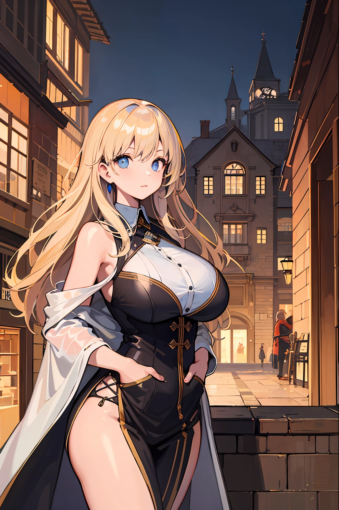 masterpaintings, beste-Quality, 1girl huge large breasts, blue eyess, goldenhair, medieval cities, looking ath the viewer, Robe, hands in pocket