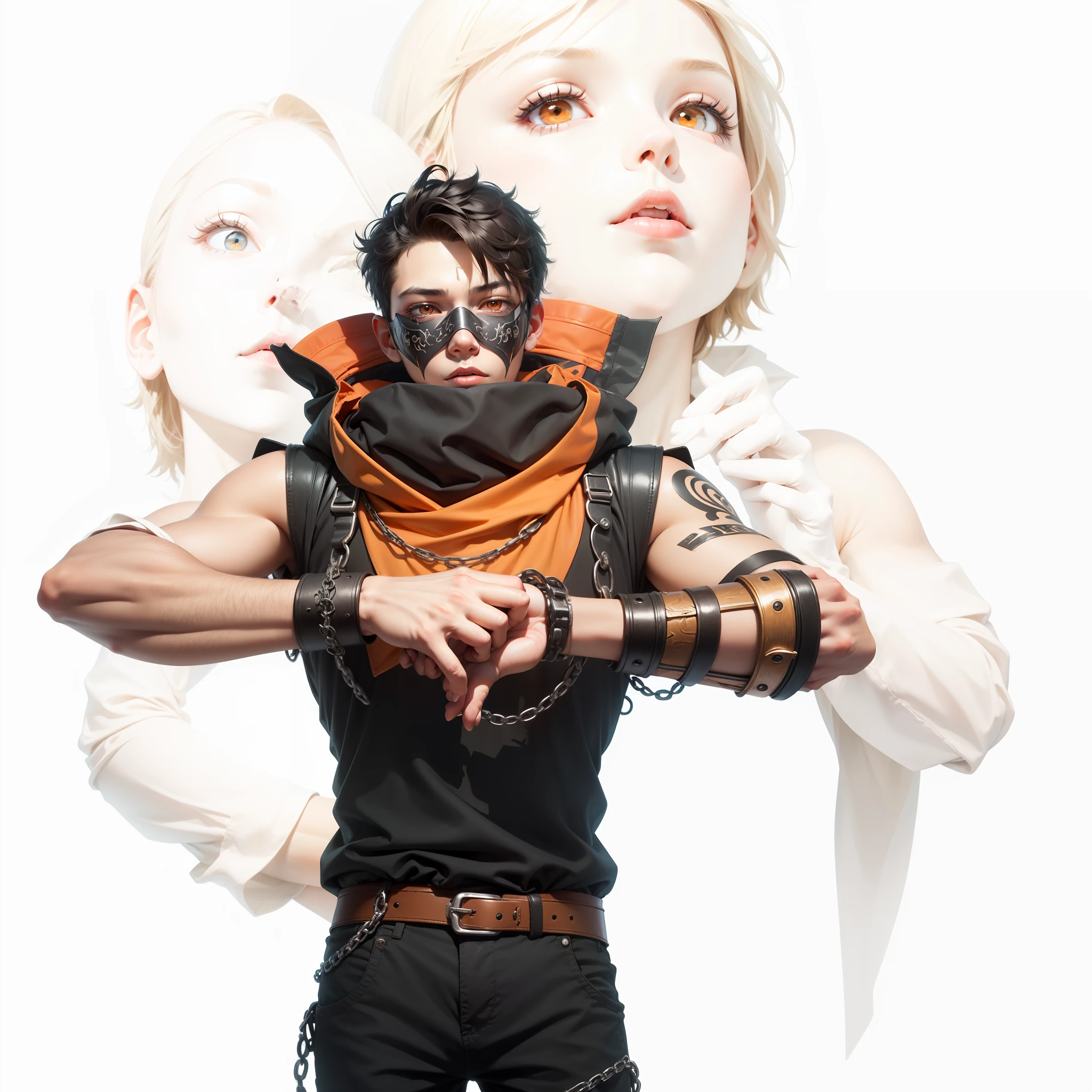1 boy, Realistic, mask, detailed mask, orange eyes, detailed eyes, detailed skin, detailed hair, detailed face, detailed hand, detailed short, detailed boddy with chain, detailed mouth,