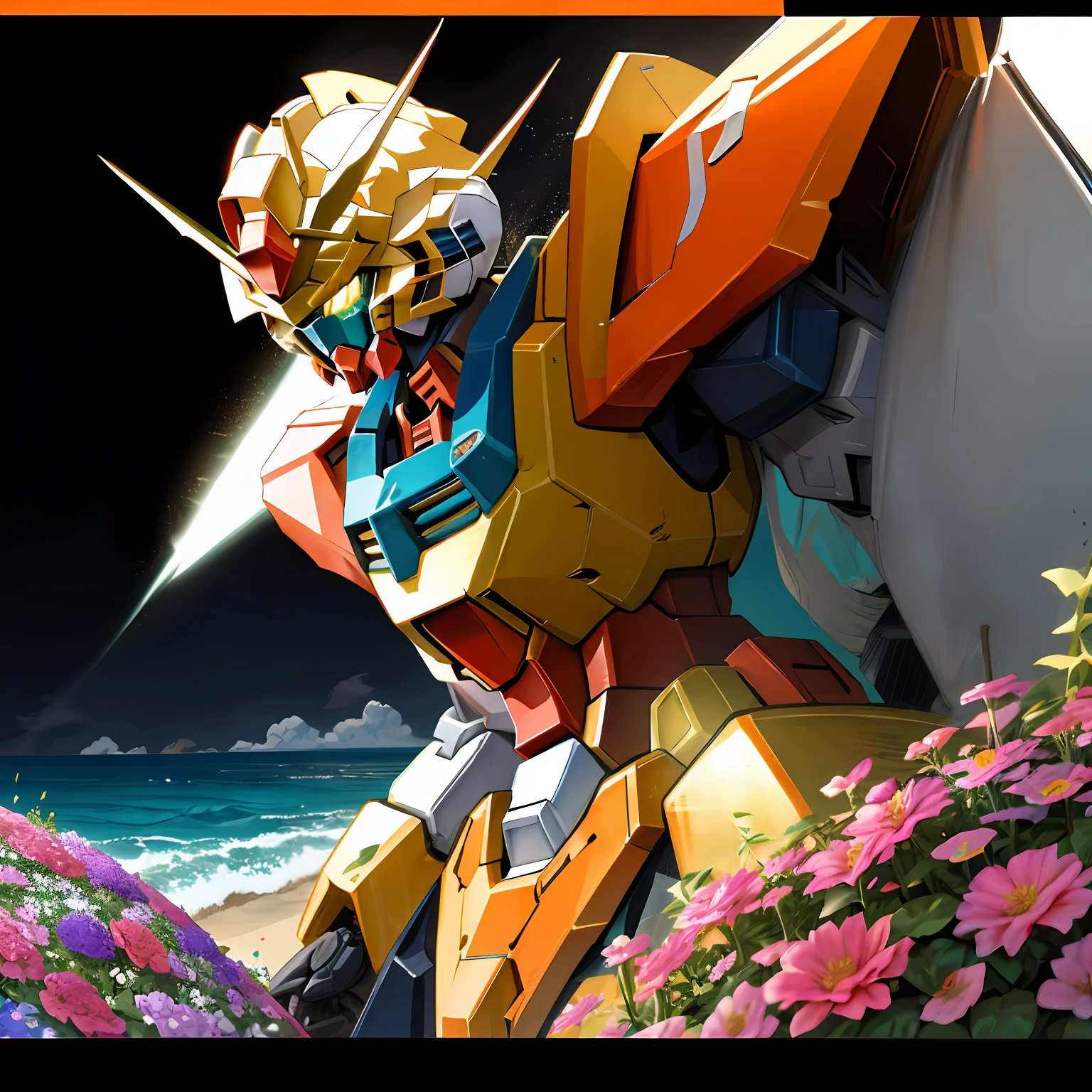 The orange Gundam is surrounded by a beautiful sea of flowers