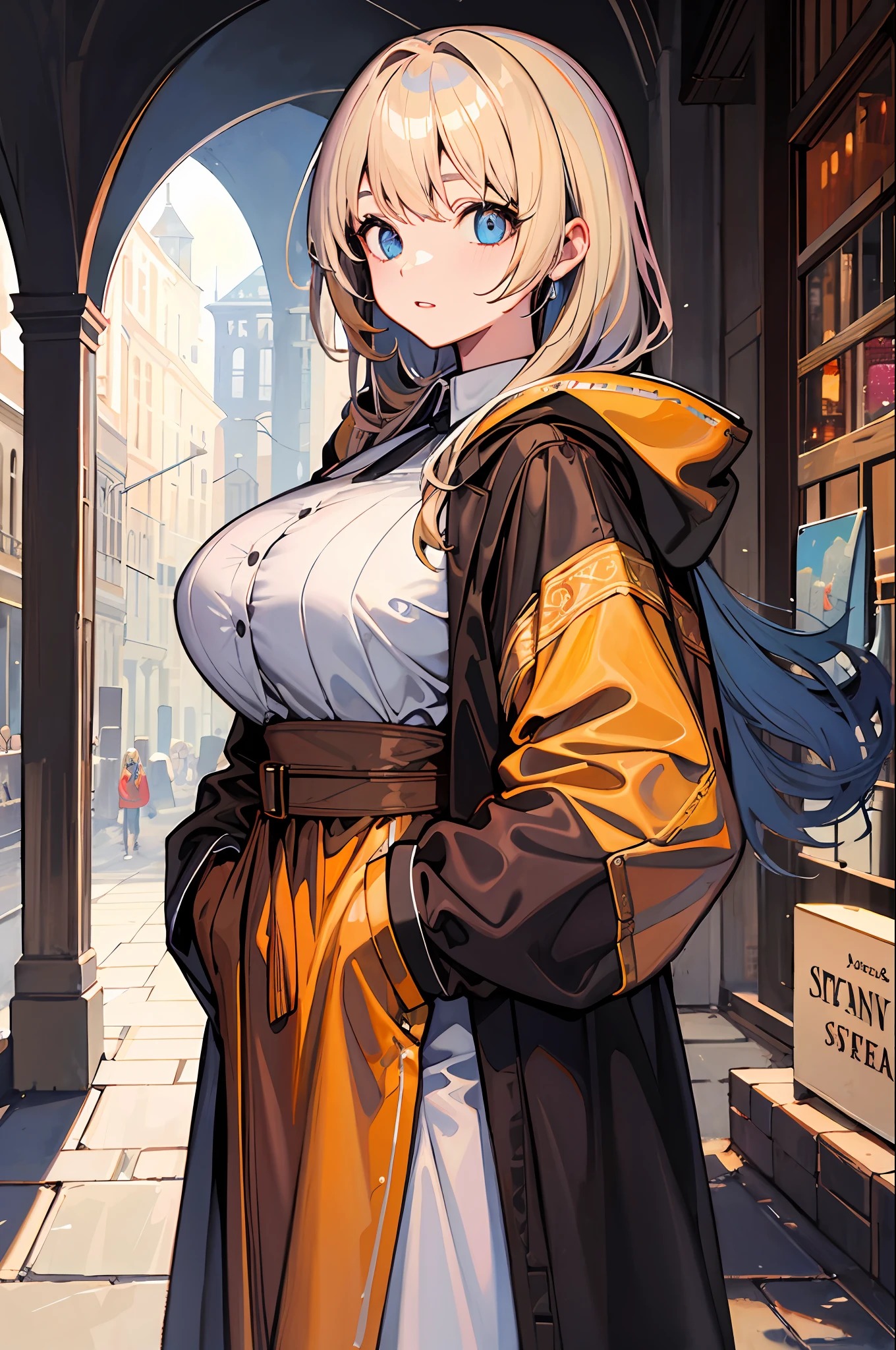 masterpaintings, beste-Quality, 1girl huge large breasts, blue eyess, goldenhair, medieval cities, looking at the spectator, Robe, hands in pocket