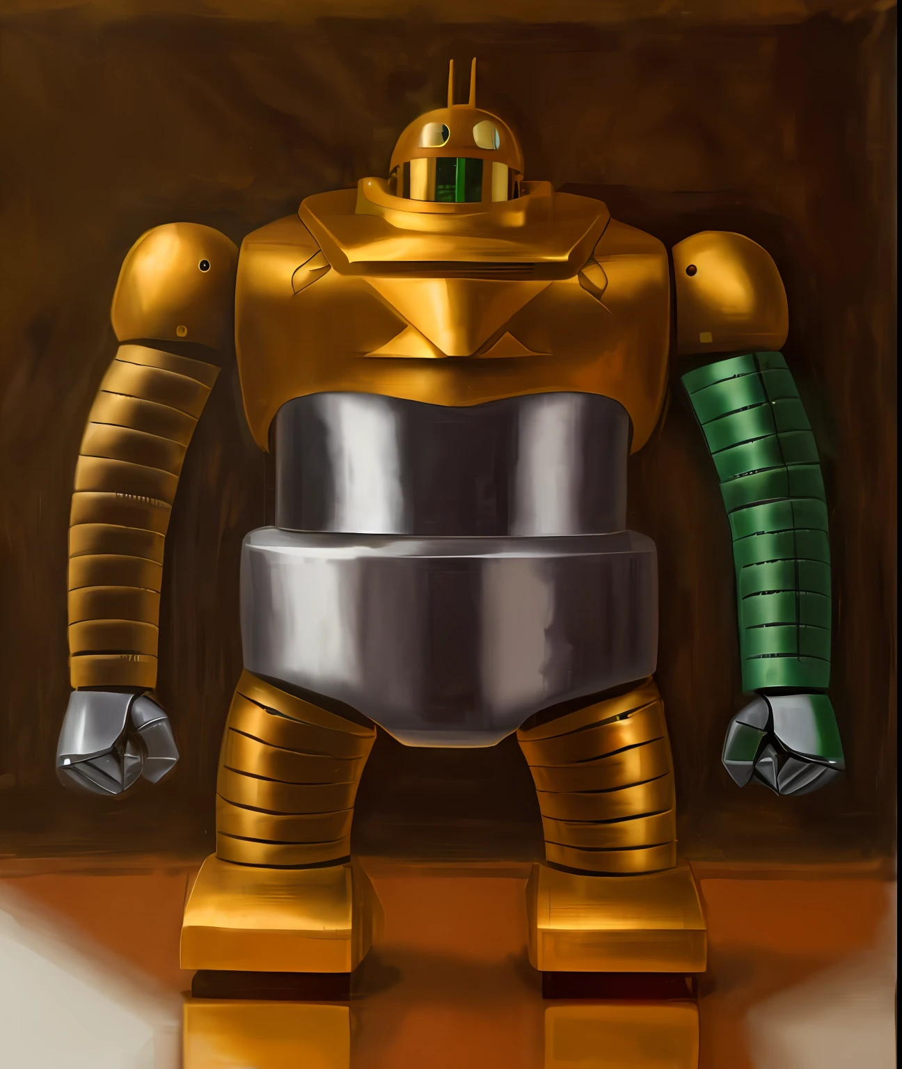 A close-up of a robot toy figure wearing a metallic yellow and orange suit, Sofubi, humanoid robot, stop motion painted metal figure, juggernaut, colorful muscle robot, robot, giant robot, stop motion vinyl action figure, wario like the armored titan, robot torso, colorful metal vinyl toy figure, Tintoy character design robot, giant broken robot