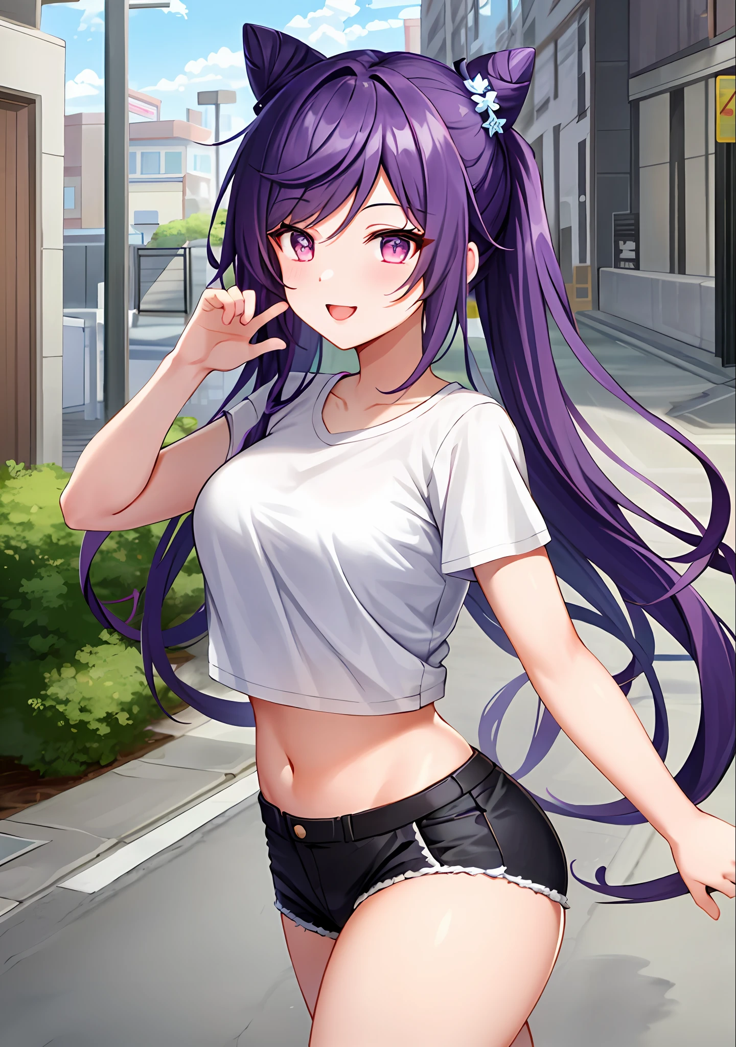 (masterpiece, best quality, ultra-detailed), keqing \(genshin impact\), (purple hair), cone hair bun, twin tails, long hair, swept bangs, braid, braided bangs, purple eyes, pink eyes,
(wearing a t-shirt:1.2), standing, embracing the natural beauty, sunlight, beautiful cloudy sky, city, street, denim shorts, black stocking,
medium breasts, thick thighs, critical angle, cowboy shot, sexy pose, light smile, crop top, strong and seductive expressions,,