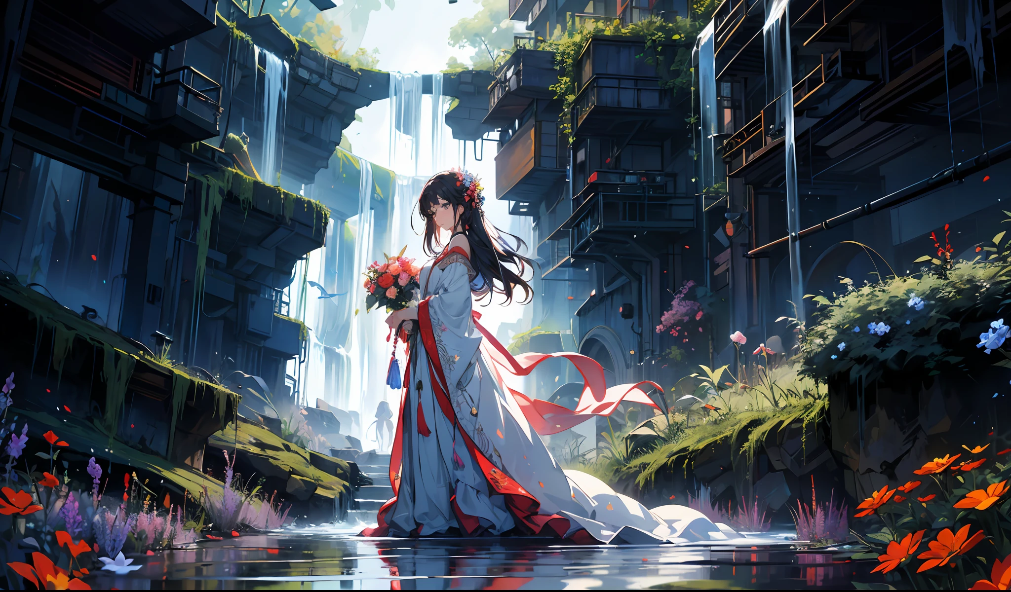 Em um reino oculto, a girl stands before a cascading waterfall, seu traje se mistura perfeitamente com a beleza da natureza. A flowing gown adorned with delicate floral patterns drapes around her, espelhando as flores vibrantes que adornam a paisagem circundante. Sunlight dances on the water's surface, casting an ethereal glow upon her face, as if she is the embodiment of the enchantment that permeates this mystical haven.