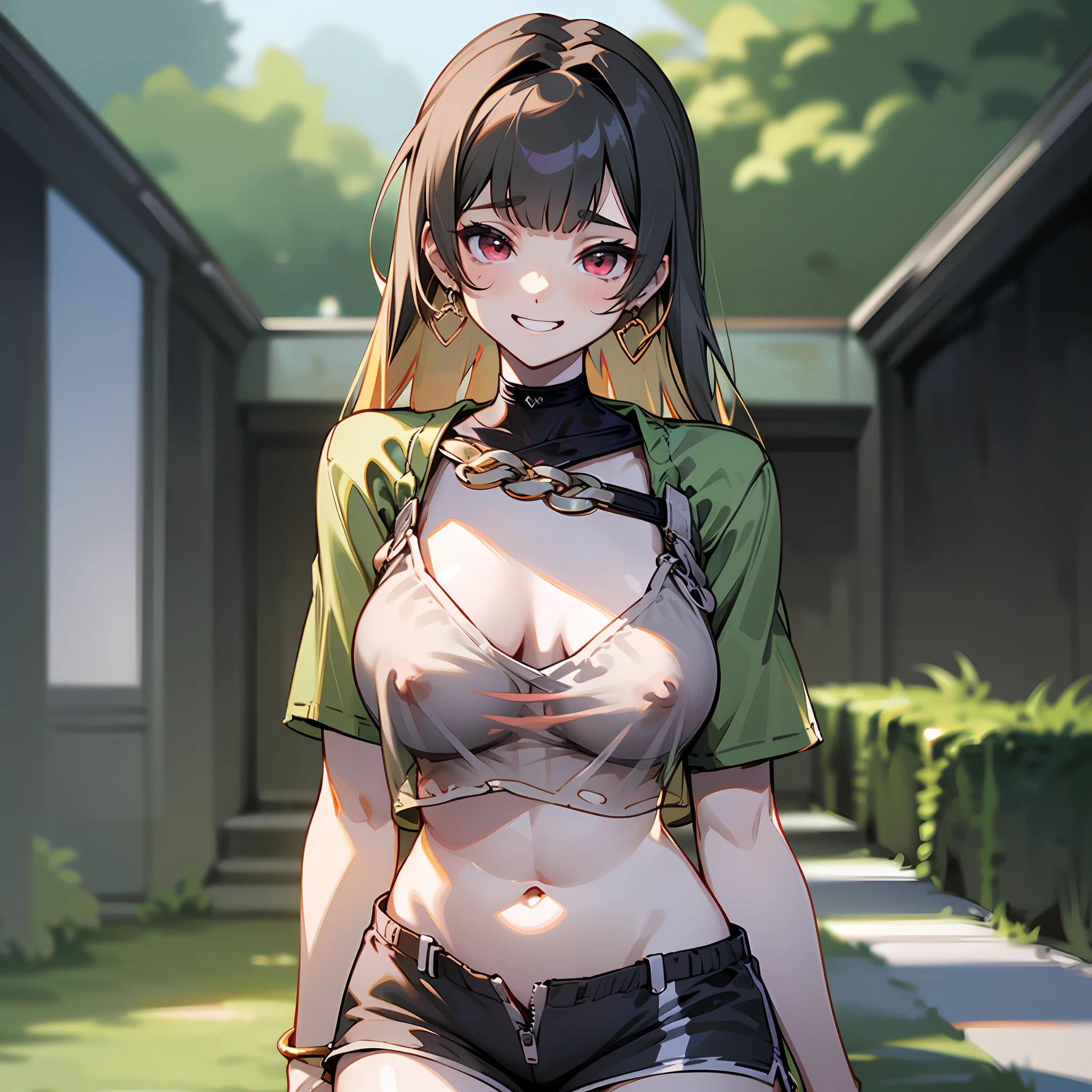 (Maste Piece:1.2), 最好质量, Delicate bare skin(1girl in), Whitening black hair, Red Eyes,(nippless:1.3+Transparent T-shirt+Shorts):(clothing emphasis),(delicate body curve:1.2+Muscle:1、big tit、Areola that stands out、teats、Nasty smile、Big ring