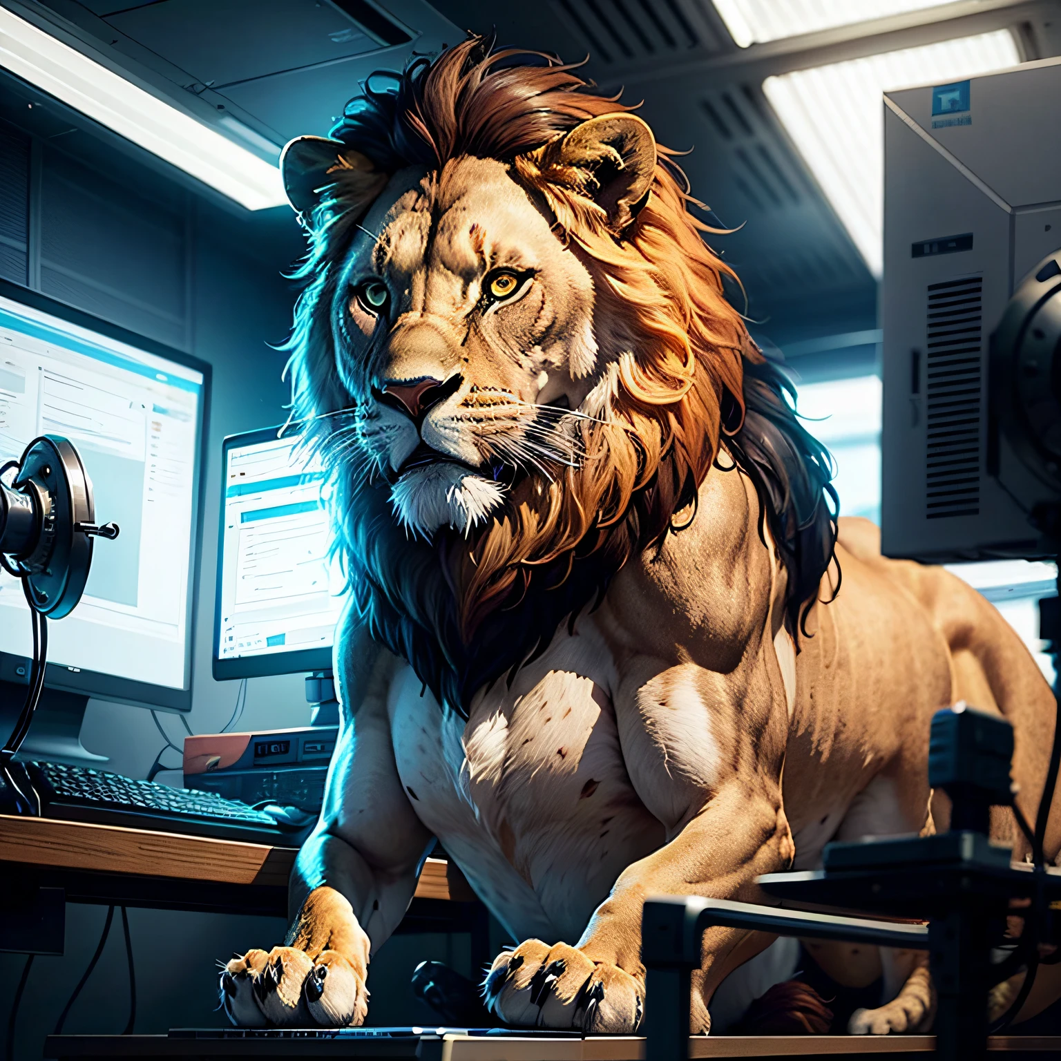Clear generates an IP of a lion，There is the king of beasts，Soar，Far ahead means，And there is engineering，computers，Chip factors，And add some festive elements，Contains certain international genes --auto