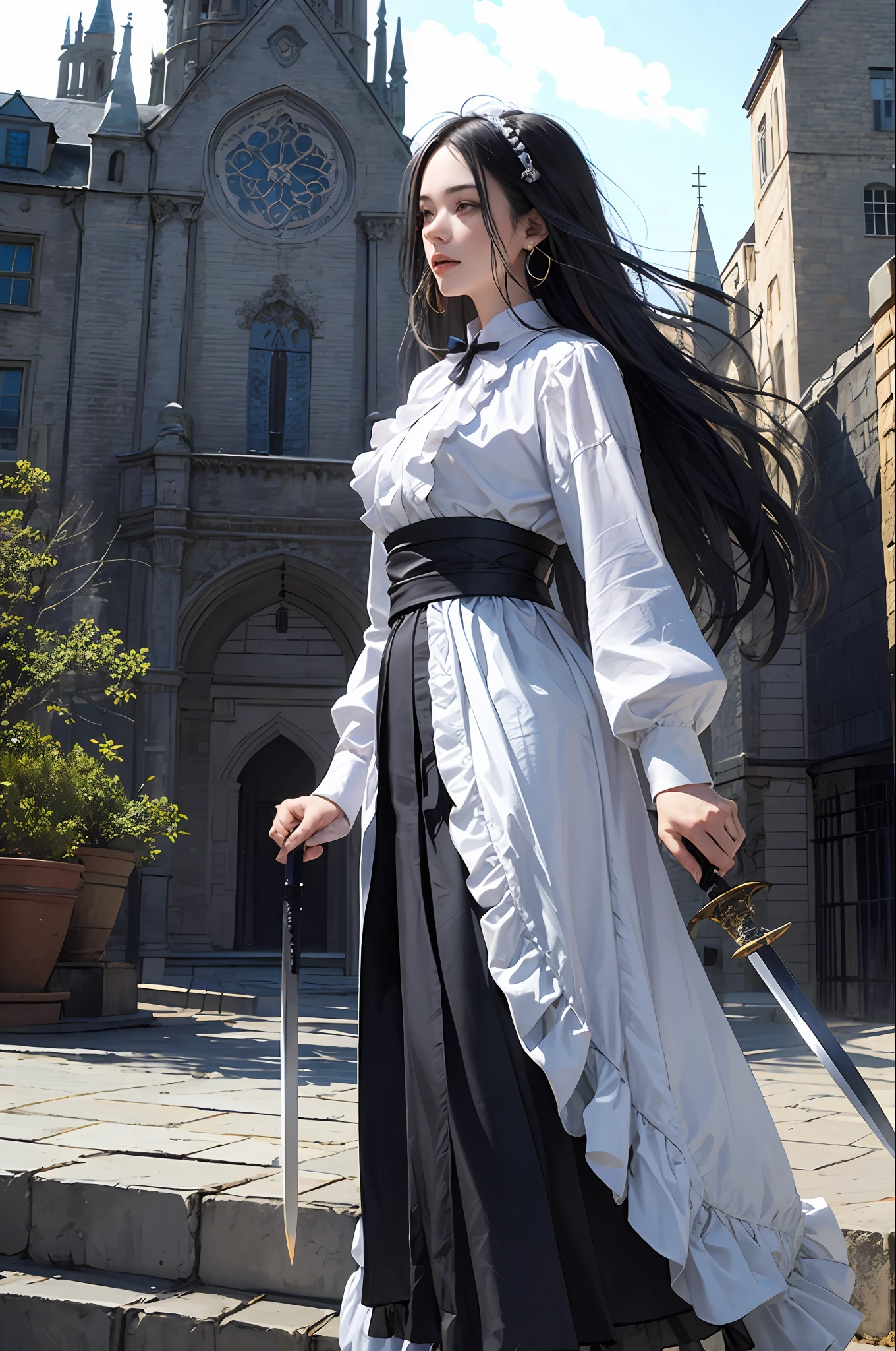 1girl,architecture,black_hair,building,castle,city,earrings,fantasy,holding,holding_sword,jewelry,long_hair,magic,sword,water,weapon