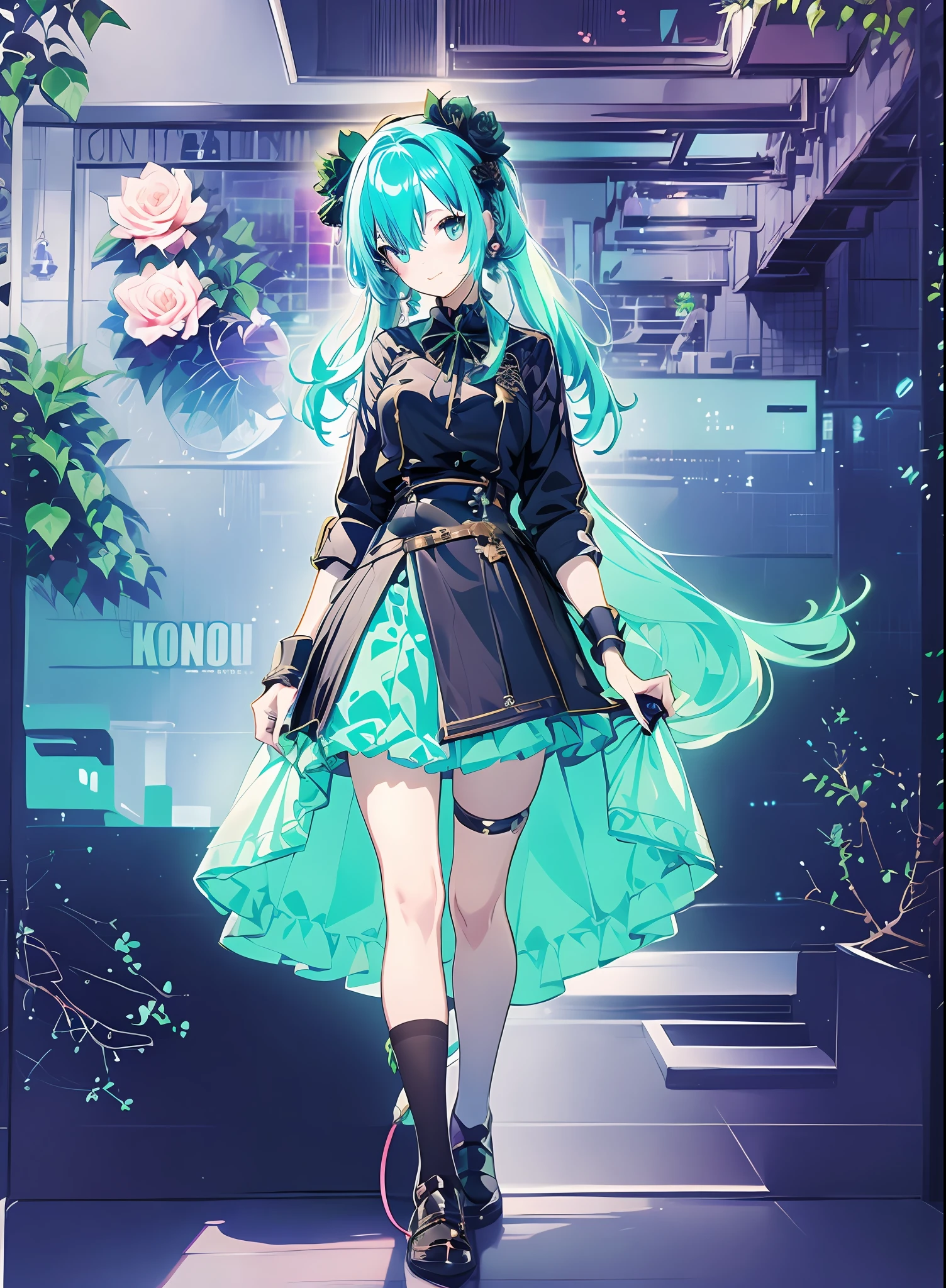 😇Konmutsuki_gacha_series1, punk_rosette, cute girl, aqua color flowers, full body, elegant flowers background