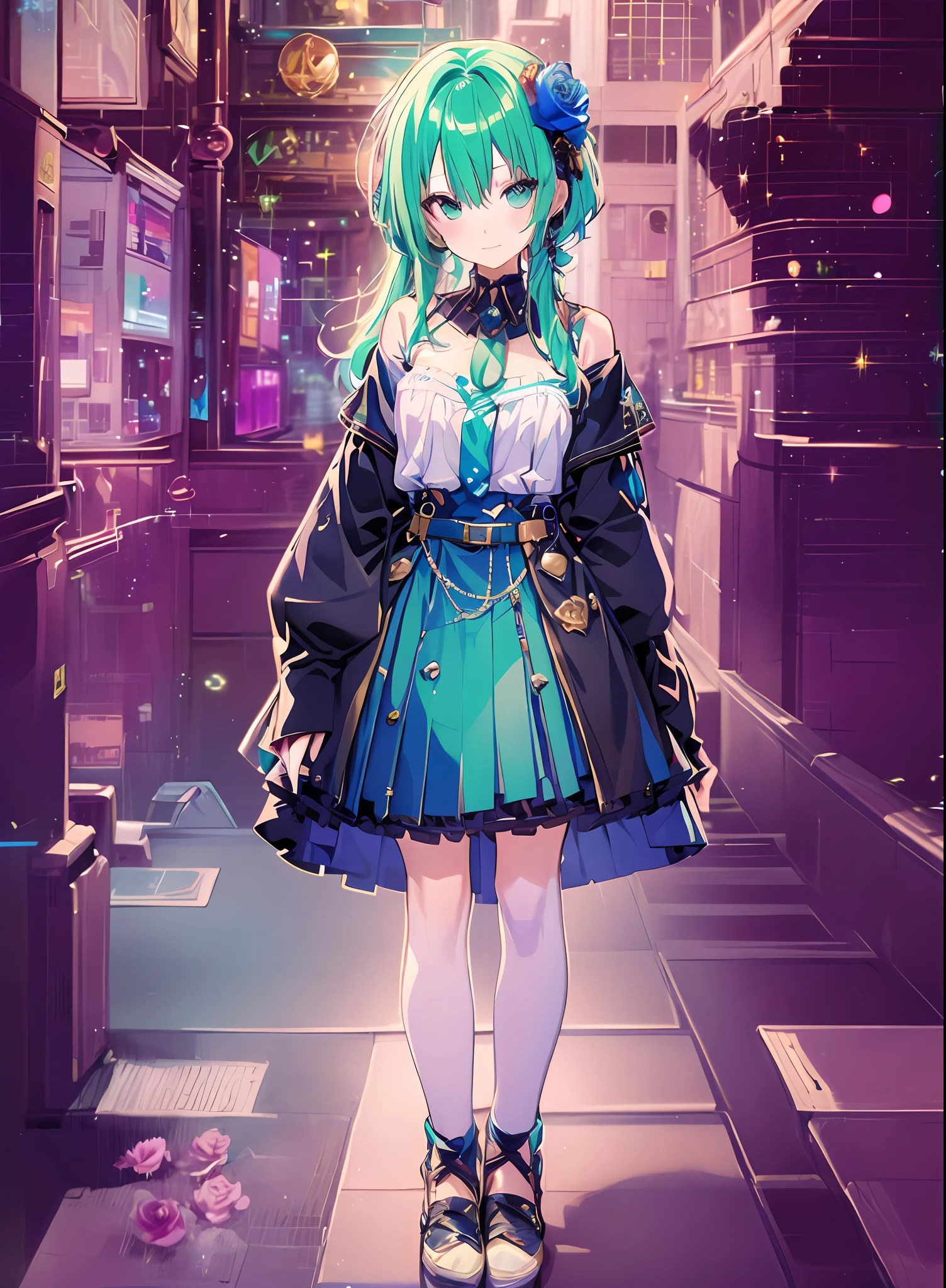 😇Konmutsuki_gacha_series1, punk_rosette, cute girl, aqua color flowers, full body, elegant flowers background