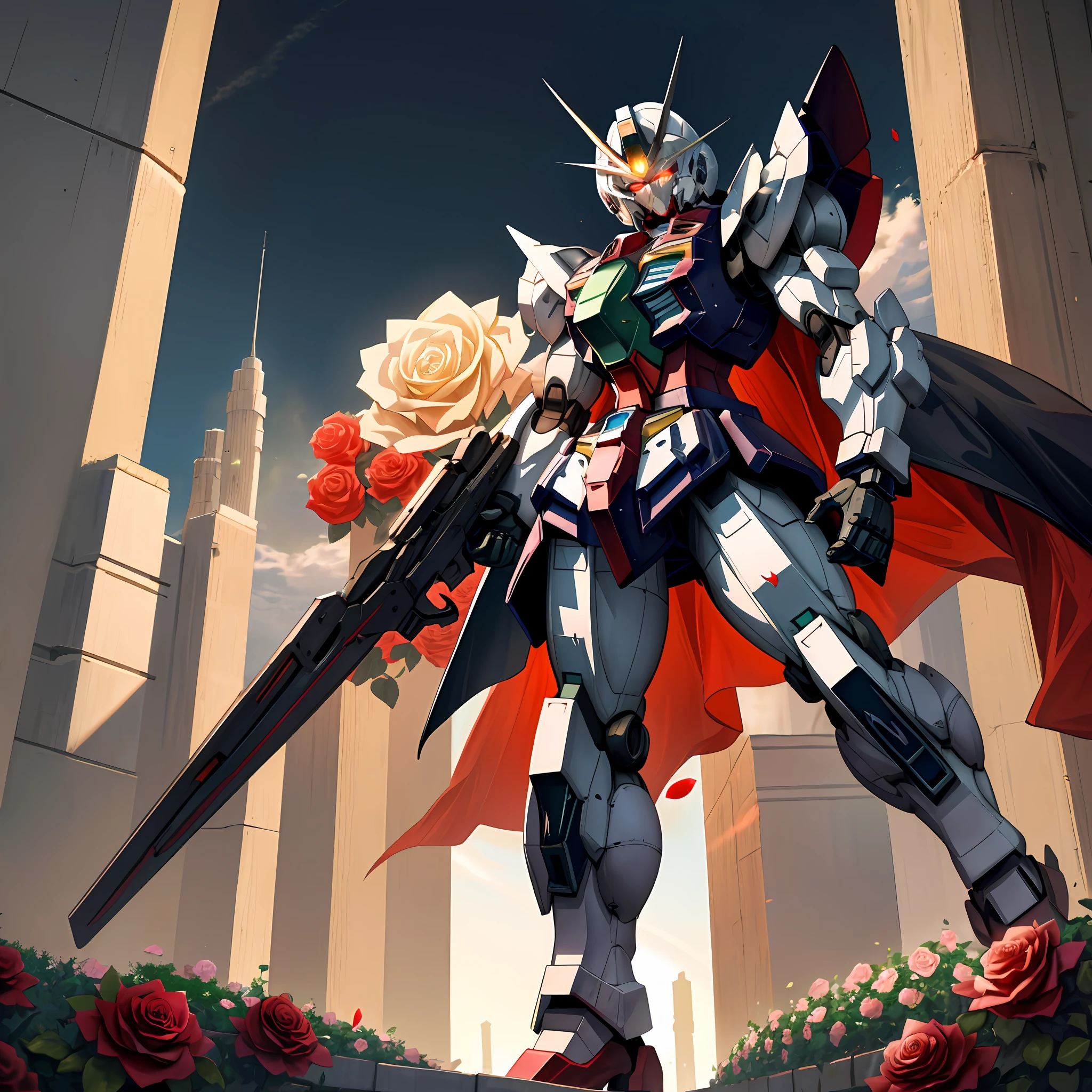 Masterpiece, detailed, with a garden full of roses in the background, and in the middle of the picture stands Gundam, armor reflective and transparent, with glowing eyes of battle