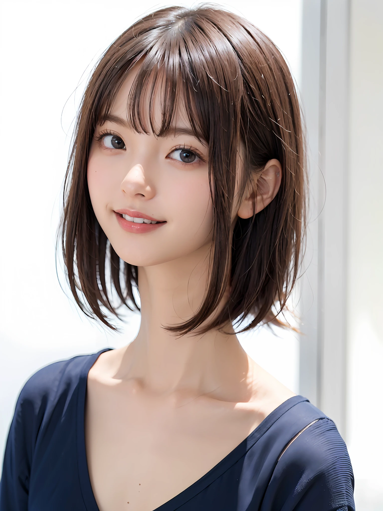 ((巨作、1 beautiful girl、Detailed eye、Shorthair with bangs、neck long、Put your ears out))、big eye、Distinct double eyelids、((最好质量, ultra-high-resolution、gazing at the camera、Light brown eyes、Clean collarbone、glowy skin、Straighten your back、The face of the golden ratio、a small face)), (Realisticity: 1.4), OriginalPhotographs, 1girl in,Cinema tick writing、japanes、Asian Beauty、Korea person、Super beauty、Beautiful skin、(((extremely large bosom、A slender、The body is facing forward、lipgloss、smiling slightly、Closing mouth and smiling happily)))、(ultra realisitic)、(A high resolution)、(8K picture quality)、(Very Details)、(Best Illustration)、(beautifully detailed eyes)、(ultra hyper-detailed)、detailed faces、lookig at viewer、Facing Straight Ahead、neat and clean clothes、sleevless、short-hair、black har、46-point diagonal bangs、Background is really nothing but pure white background、neat atmosphere、