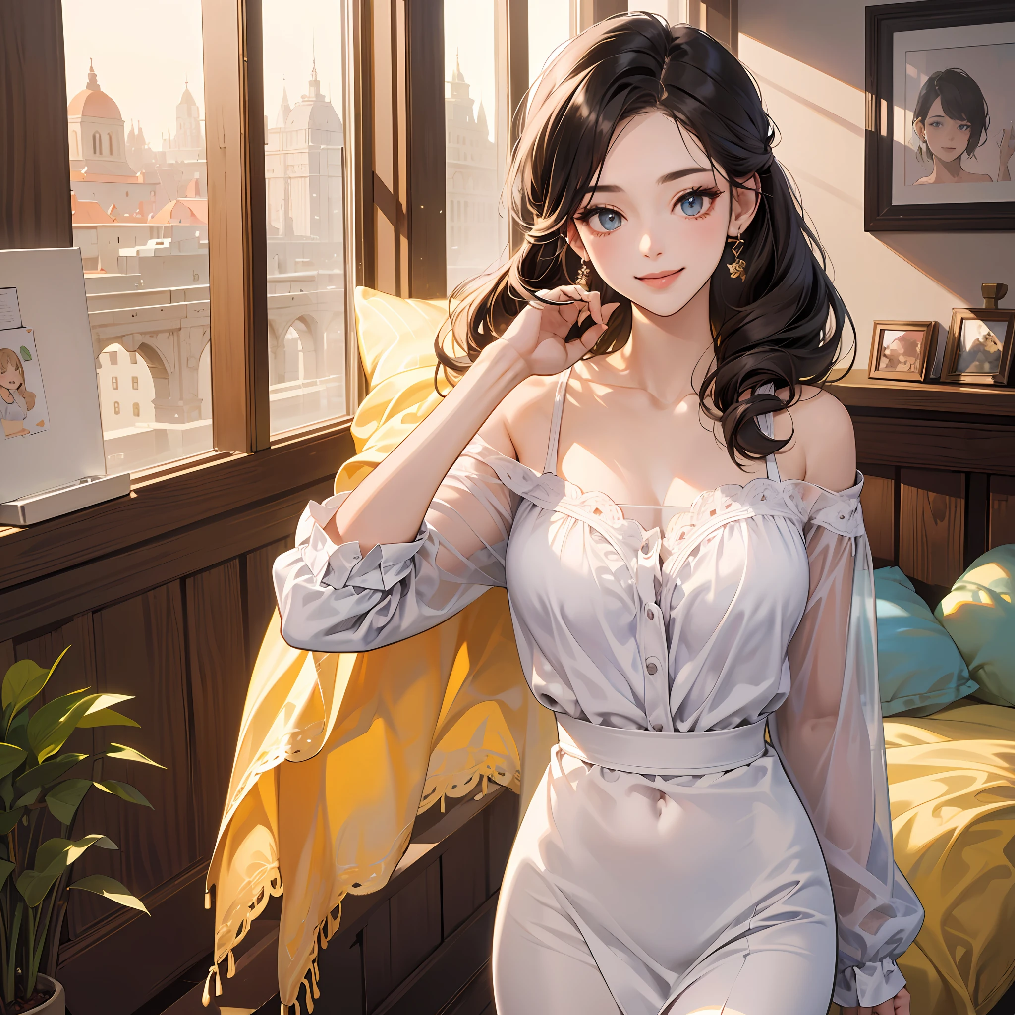 ((Best Quality, 8K, Masterpiece: 1.3)), 1girl, Slim Abs Beauty: 1.3, (Casual hairstyle, Big breasts: 1.2), Dress: 1.1, Super fine face, Delicate eyes, Double eyelids, smile --auto
