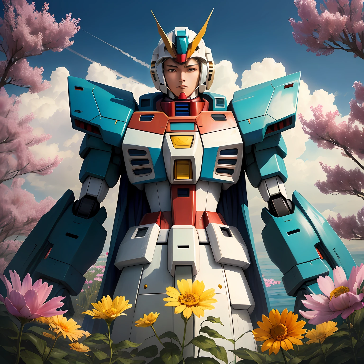 A very stylish Gundam，In a sea of colorful flowers