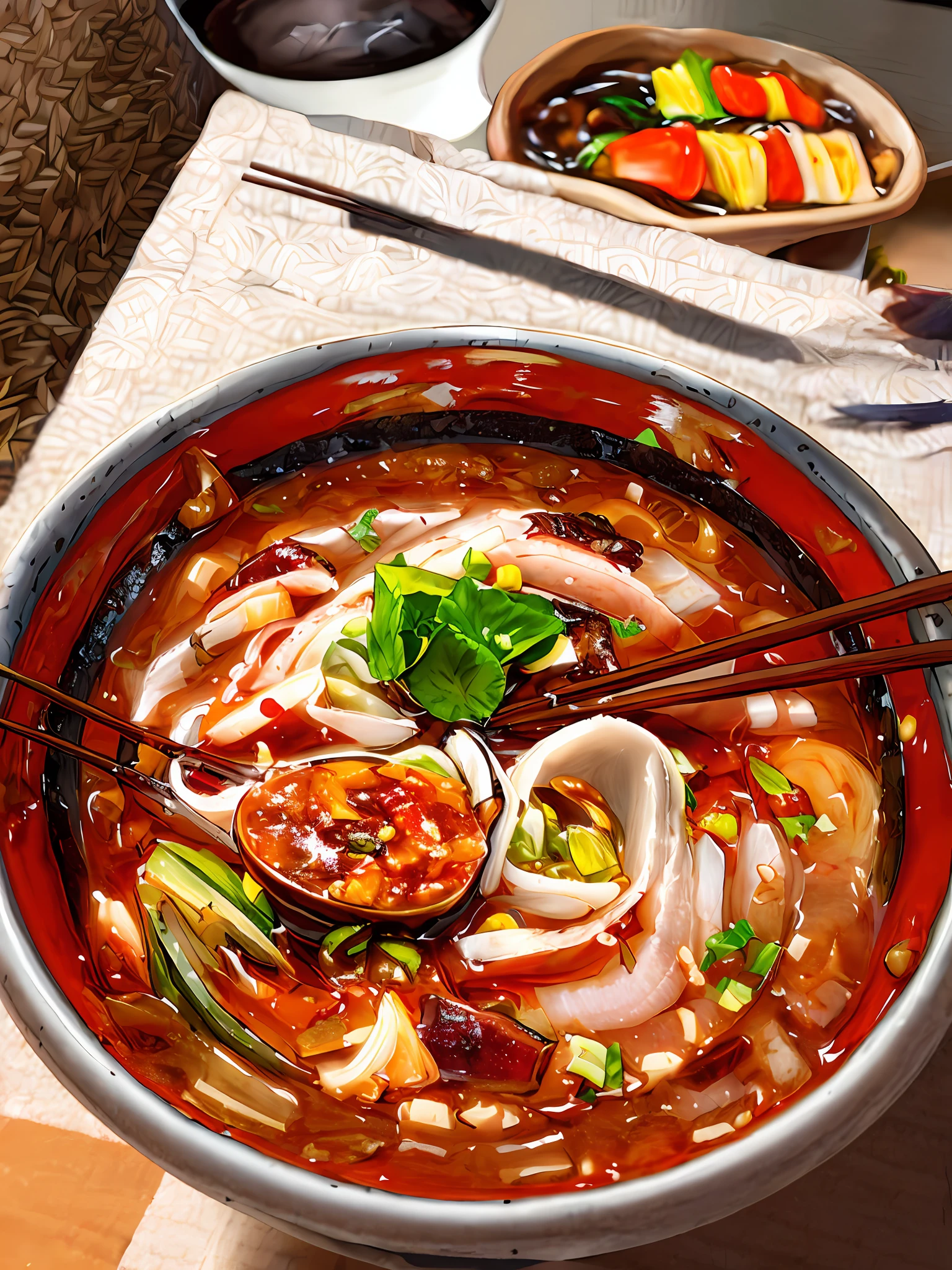 Aravi soup bowl，There are chopsticks and vegetables inside, inspired by Tan Ting-pho, realistic photo of delicious pho, closeup at the food, daopao, Noodles, ❤🔥🍄🌪, delicacy, sougetsu, taken with sony alpha 9, very low quality, very very low quality, patiphan sottiwilaiphong