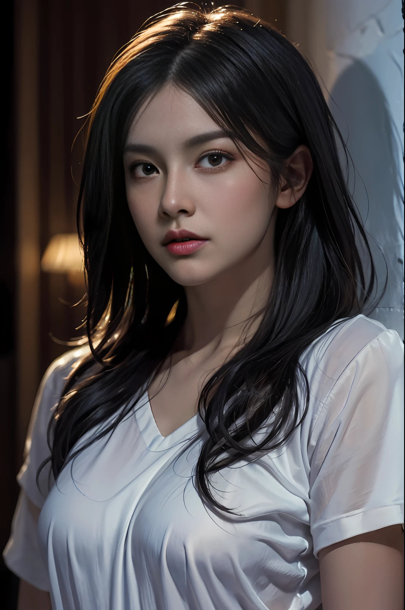 (front focus), (in the dark:1.6), Hyperrealist portrait of female by david hockney and alphonse mucha, fantasy art, photo realistic, dynamic lighting, artstation, poster, volumetric lighting, very detailed faces, 4 k, award winning, 1girl, in the dark, deep shadow, low key, cowboy shot, (official clothing:1.4), long hair, white hair