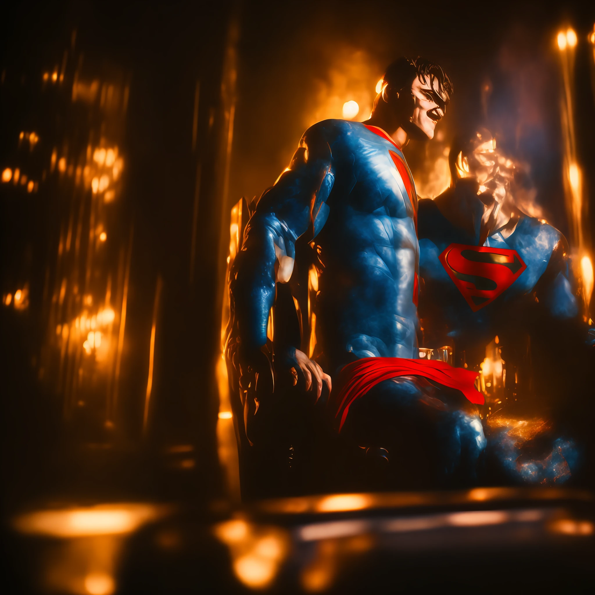 portrait of a superman sitting on a throne inside a bar with a window inside a throne room, edge light, well lit, bokeh