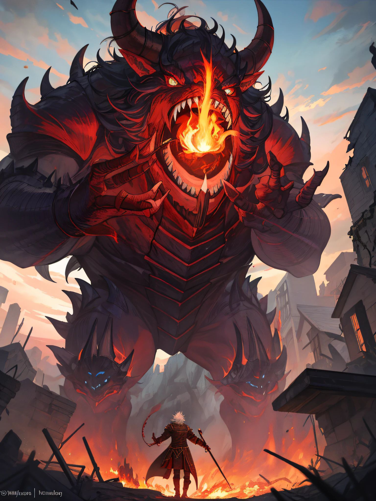 An epic scene in a desolate village reduced to ruin, there is a colossal demon monster with dark skin and huge curved horns on its forehead, in its mouth its huge teeth are covered with blood and remains of its victims. In front of him is a young, bruised, white-haired boy who, even staggering, defies the beast with determination while a magical flame appears in his hand