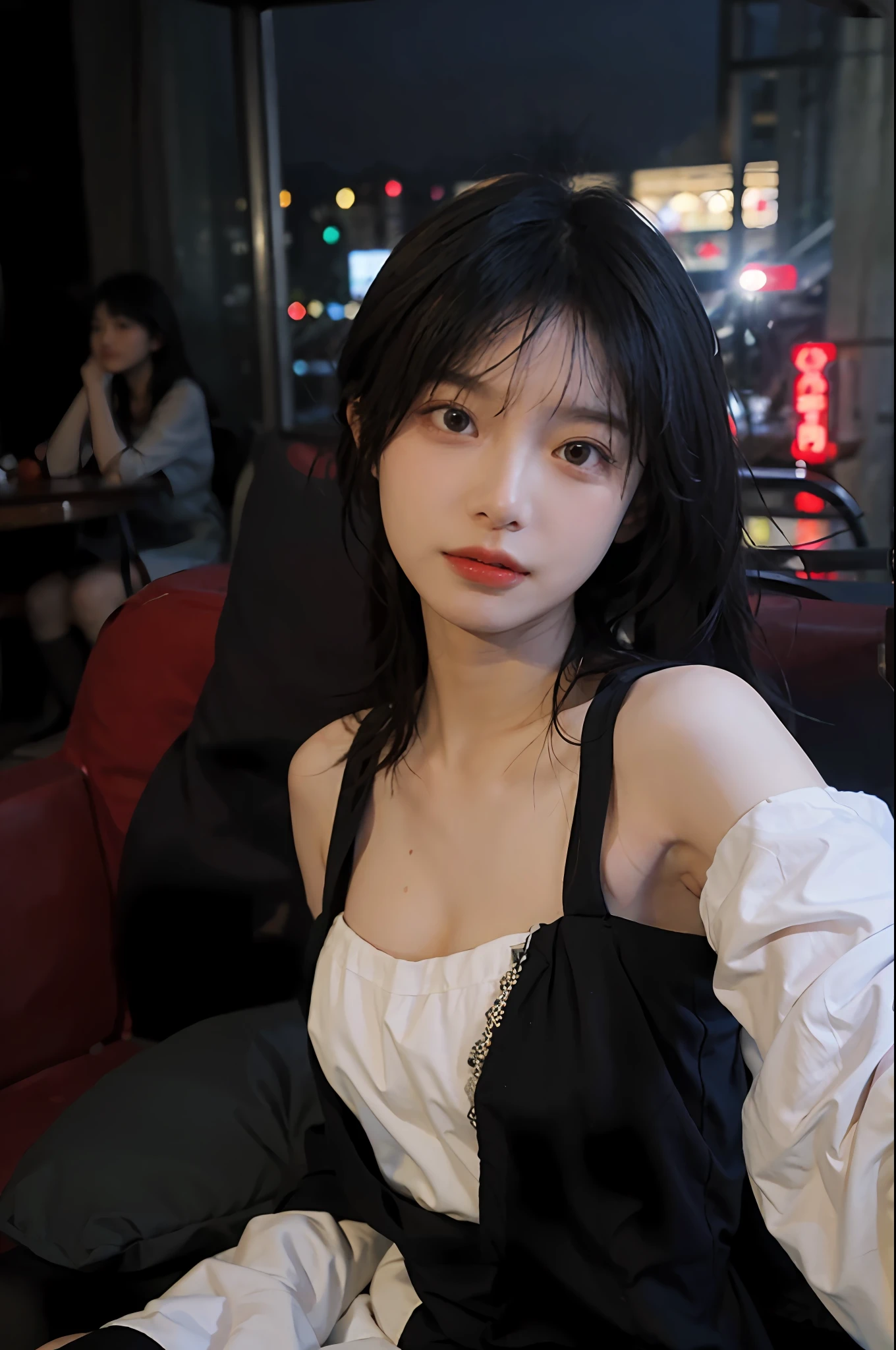 Best quality，nmasterpiece,..by night， oras ,..1个Giant Breast Girl，。（True skin type：1.3），Close up of，Face focus，Whole human body，selfee,..black lence stockings，Dressed bandeau dress