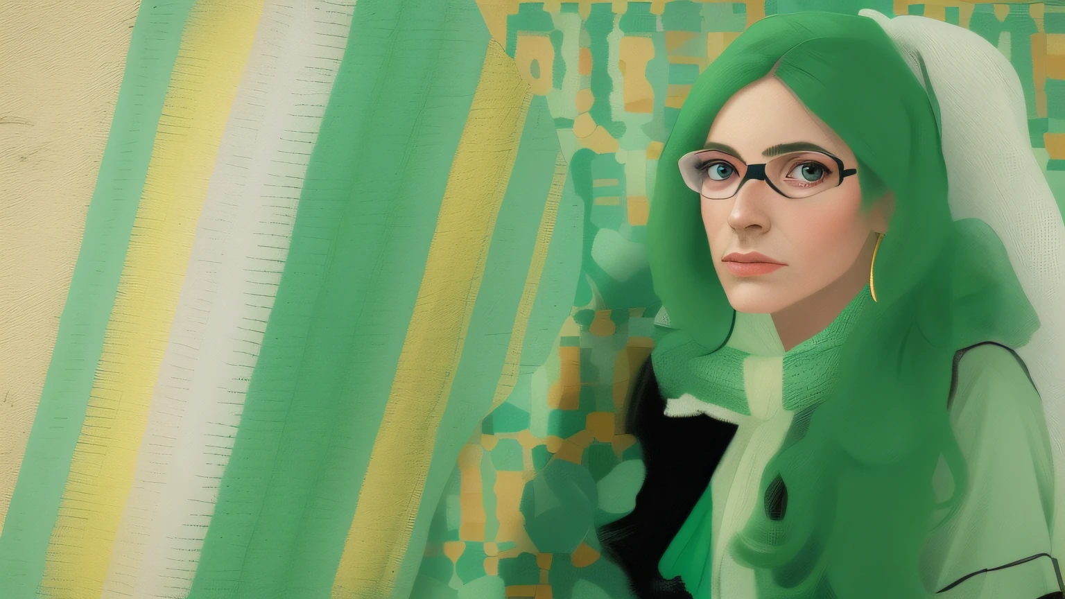arafed woman with a green scarf and glasses standing next to a wall, inspirado em Lubin Baugin, inspirado em Alberto Morrocco, Aida Muluneh, foto de retrato, Directed by: Nathalie Rattner, inspirado em Sergio Burzi, Adornos refrativos coloridos, colagem digital, editing, inspirado em Marie-Gabrielle Capet, inspirado em Camille Bombois