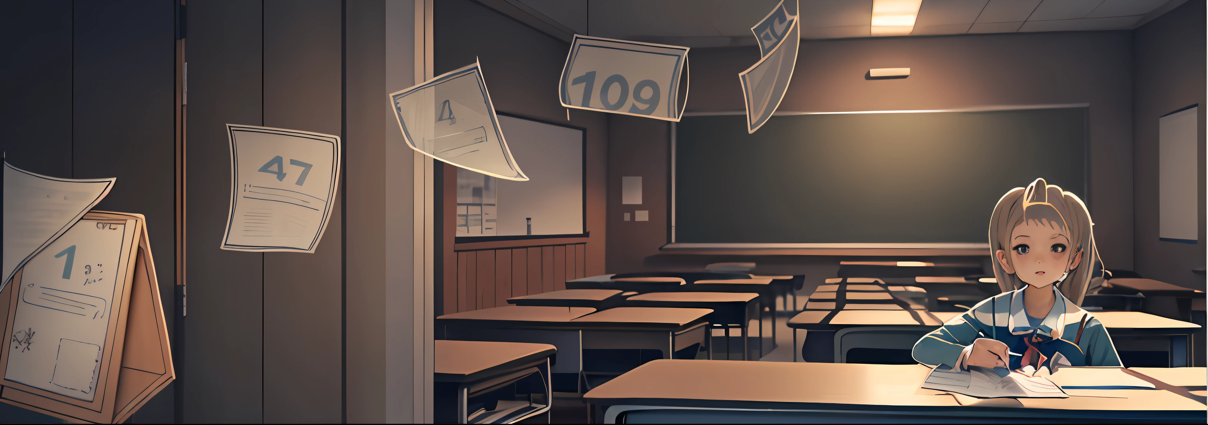 There are two paintings, typical anime classroom, Classroom Background, classroom at school, classroom, classroom in background, In a classroom, detailed school background, photo of a classroom, highschool background, an illustration, in a school classroom,schoolgirl