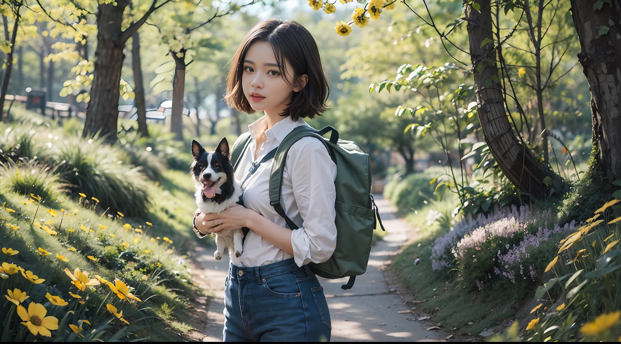 Very attractive little girl with a backpack,and her adorable border collie,Bask in the beautiful scenery of spring,It is surrounded by a sea of brilliant yellow flowers。This illustration is a cartoon-style HD picture,Detailed facial features and fine details are clearly revealed,Resolution up to 4K。